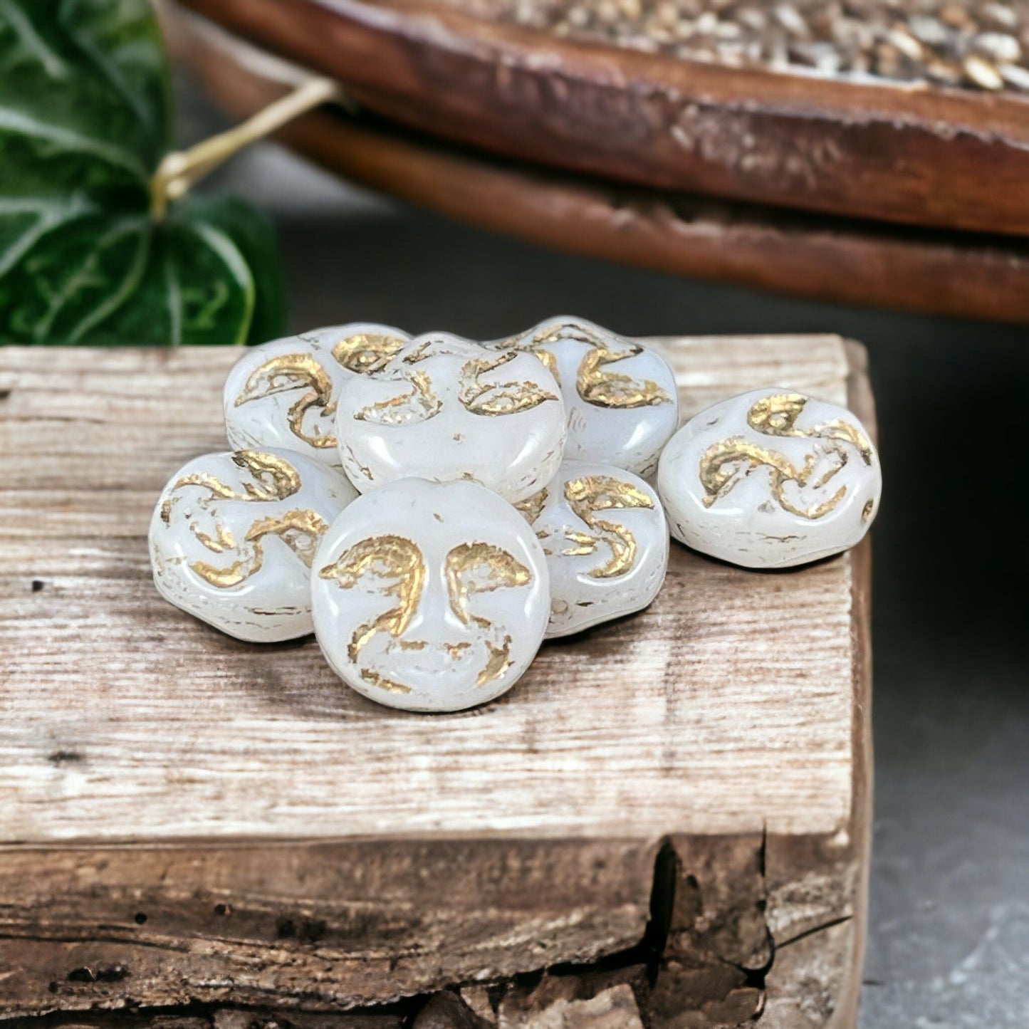 Czech Glass Moon Face Beads, Opaque White with Gold Wash (MOON/RJ-4739) * Qty. 6