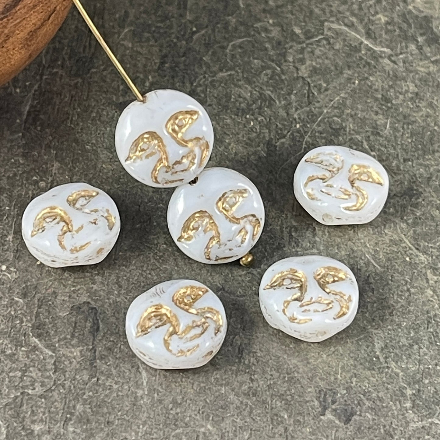 Czech Glass Moon Face Beads, Opaque White with Gold Wash (MOON/RJ-4739) * Qty. 6