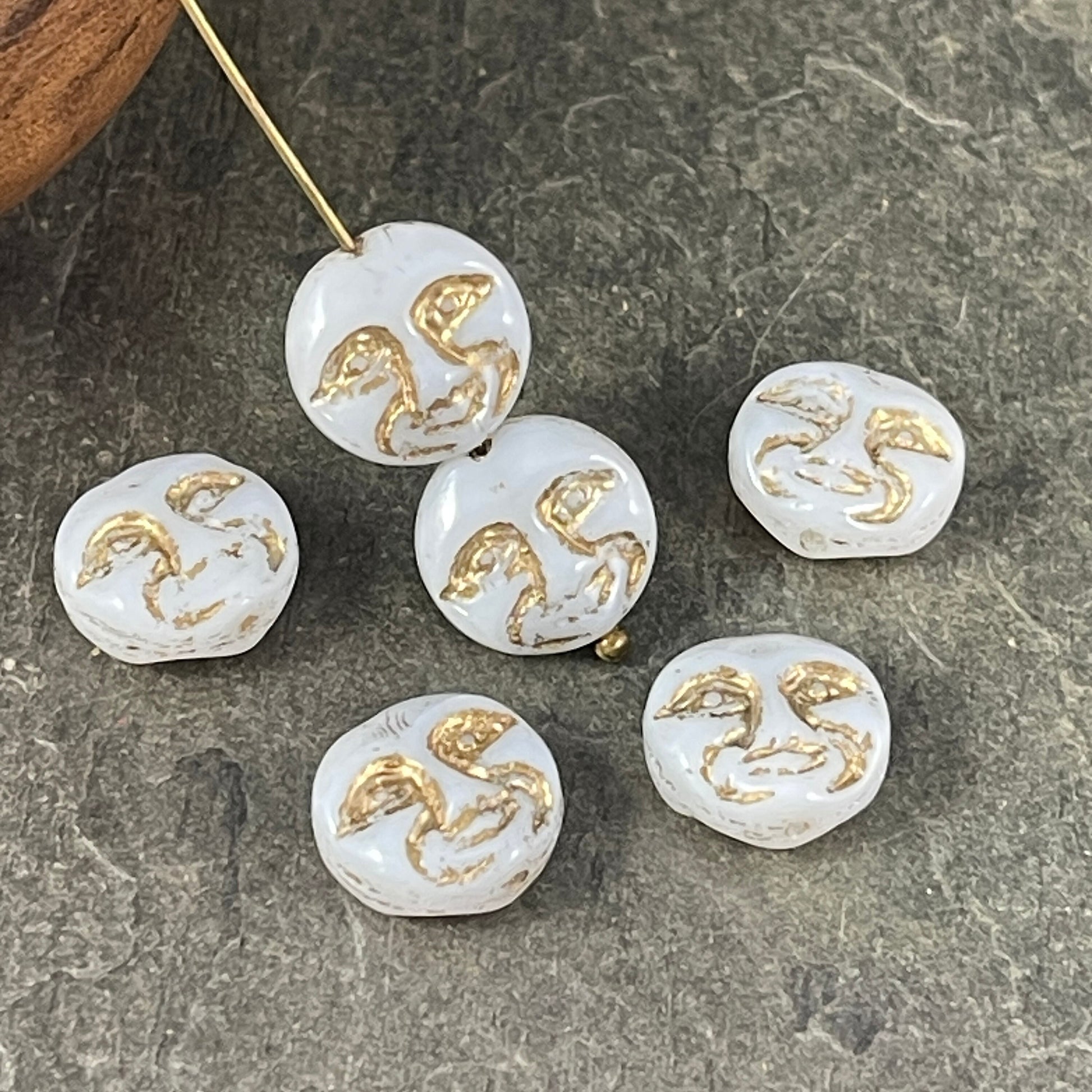 Czech Glass Moon Face Beads, Opaque White with Gold Wash (MOON/RJ-4739) * Qty. 6