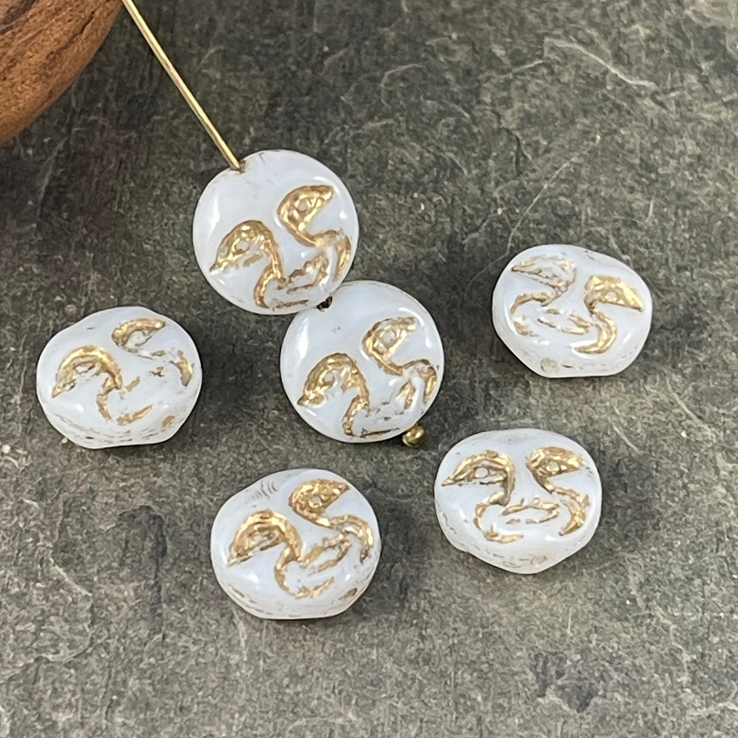Czech Glass Moon Face Beads, Opaque White with Gold Wash (MOON/RJ-4739) * Qty. 6