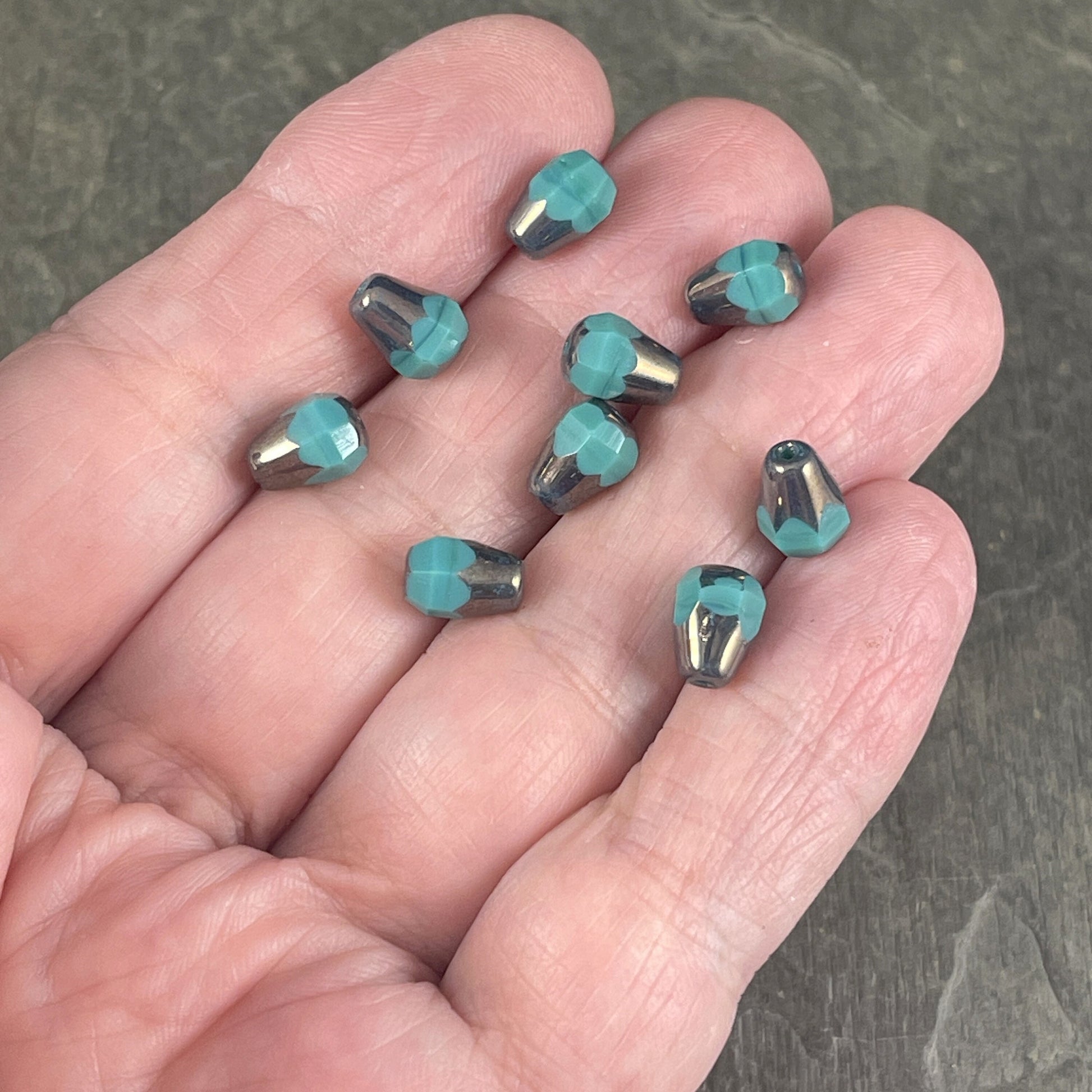Czech Glass Beads - 8mm Faceted Teardrops, Opaque Teal with Metallic Picasso (DRO/RJ-2507) * Qty. 15