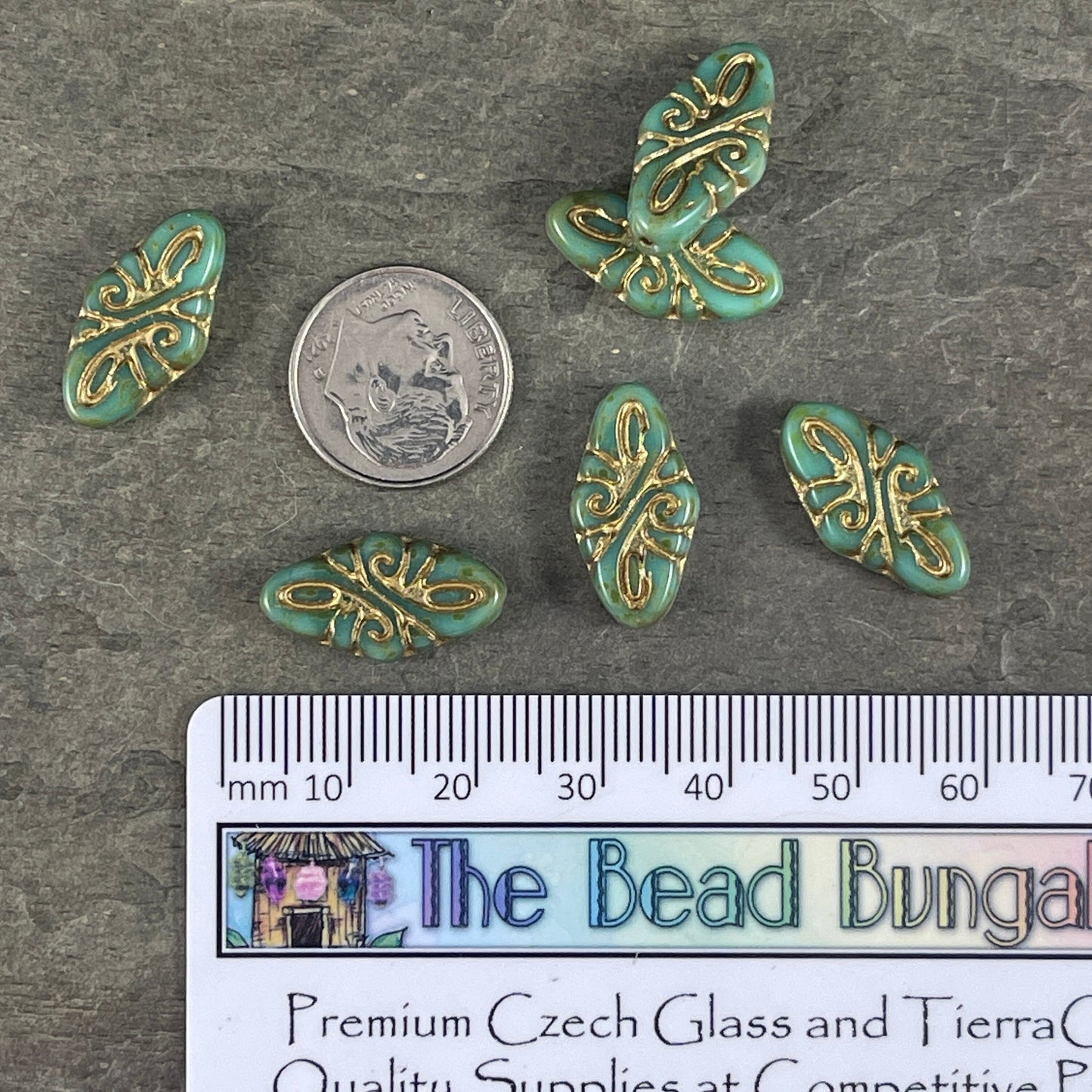 19x9mm Arabesque Embellished Oval Czech Glass Beads ~ Turquoise Green with Picasso and Gold Wash Oval Glass Beads (OCB/ARAB37) * Qty. 6