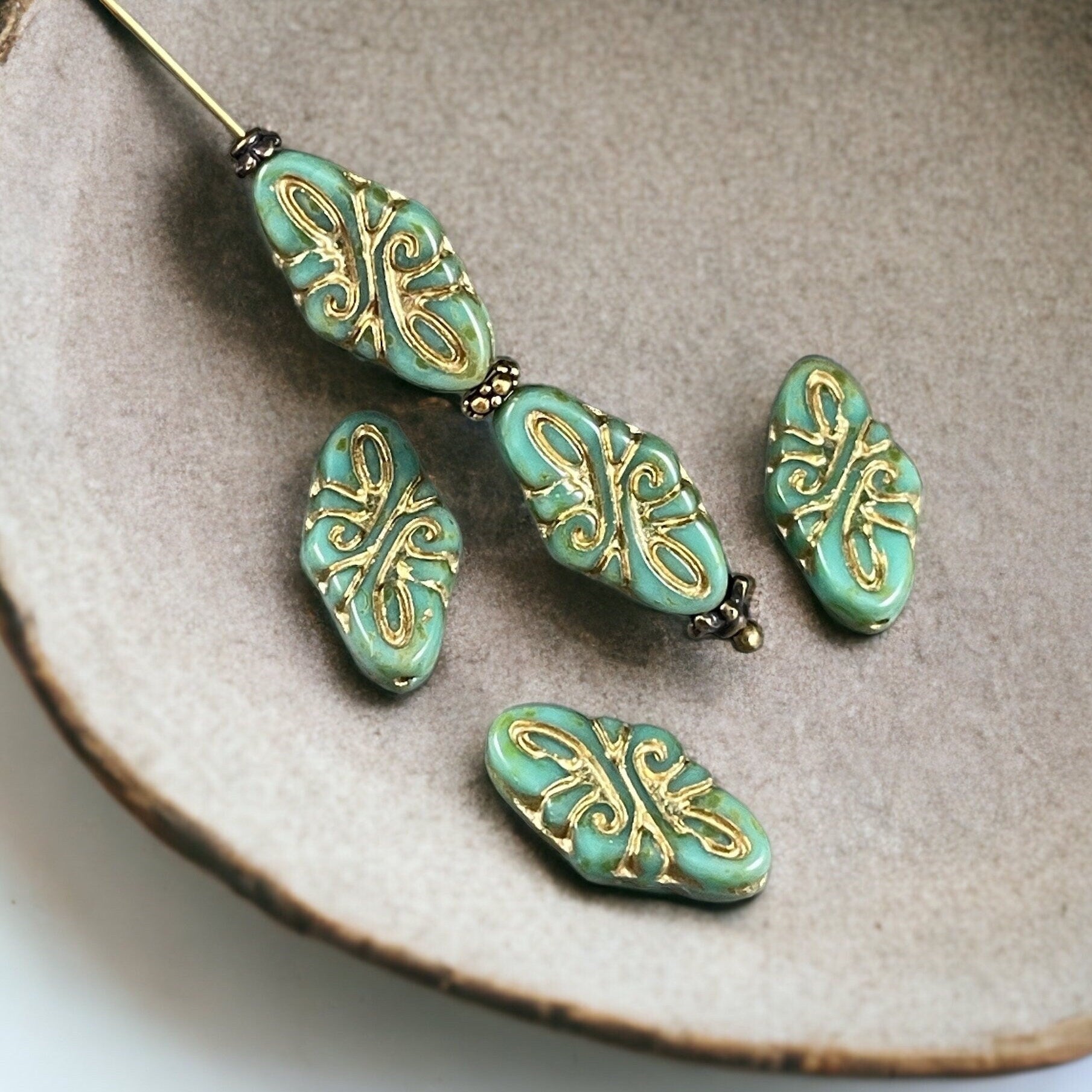 19x9mm Arabesque Embellished Oval Czech Glass Beads ~ Turquoise Green with Picasso and Gold Wash Oval Glass Beads (OCB/ARAB37) * Qty. 6