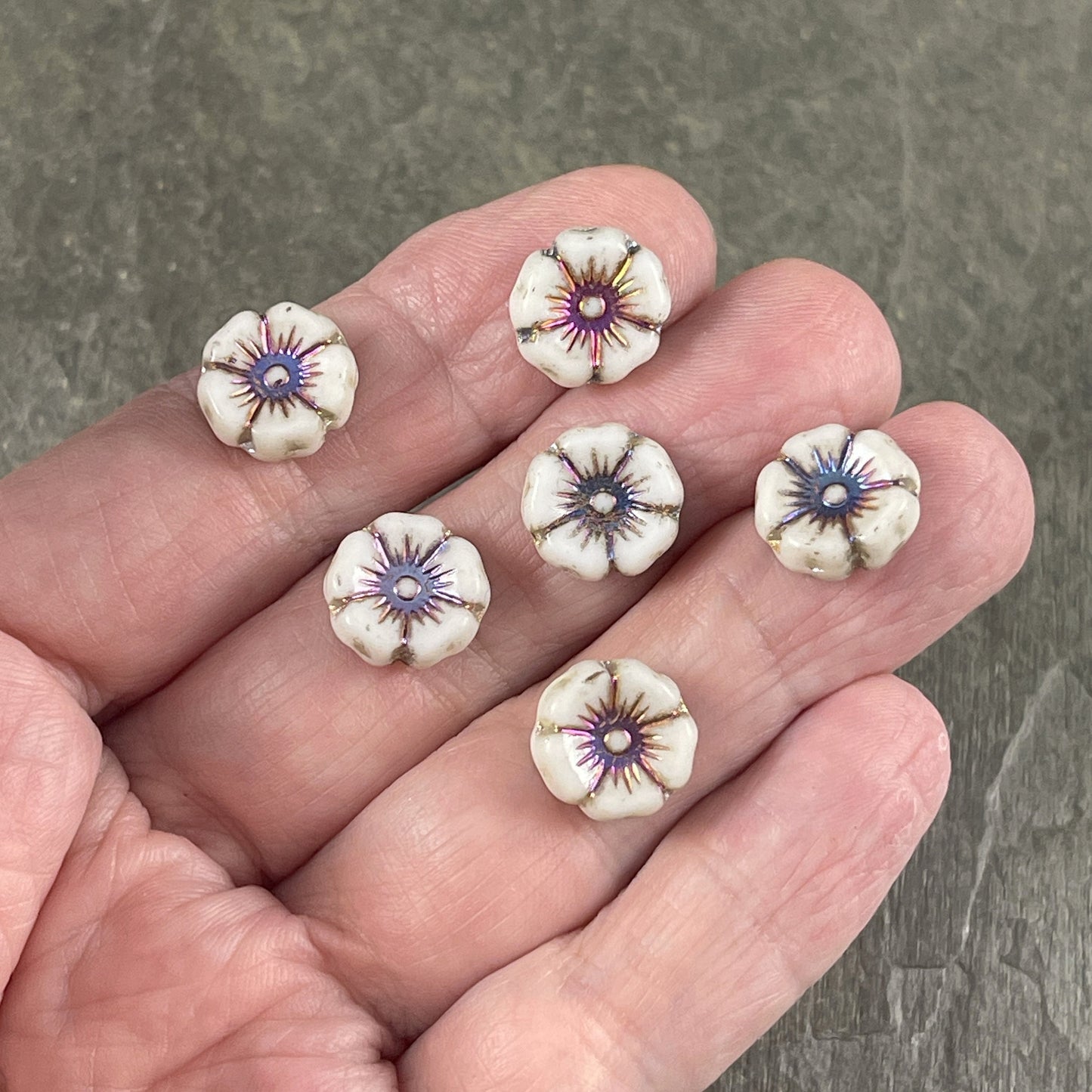 White Czech Glass 12mm Hibiscus Flower Bead with Volcano Metallic Center (FL12/N-1330) * Qty. 12