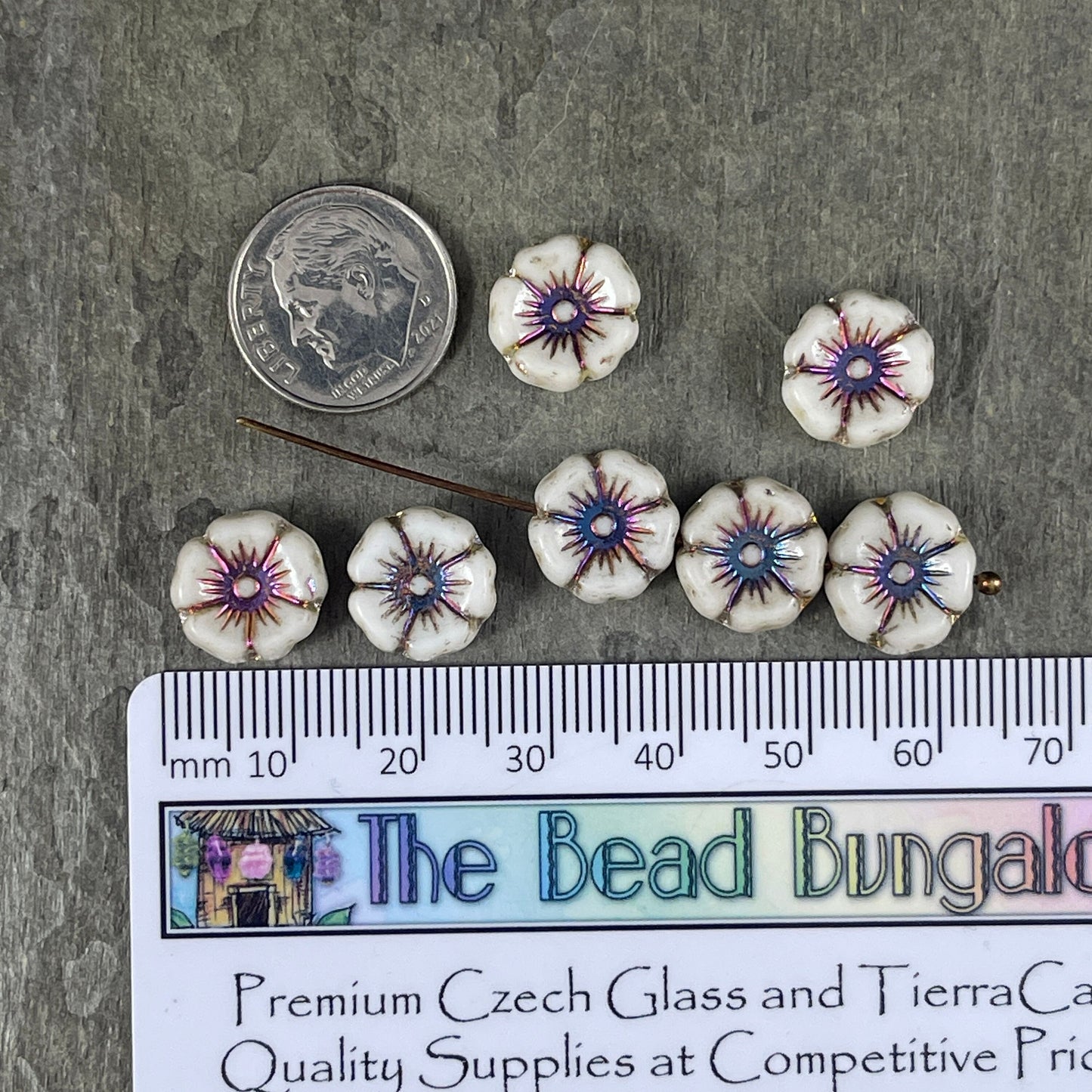 White Czech Glass 12mm Hibiscus Flower Bead with Volcano Metallic Center (FL12/N-1330) * Qty. 12