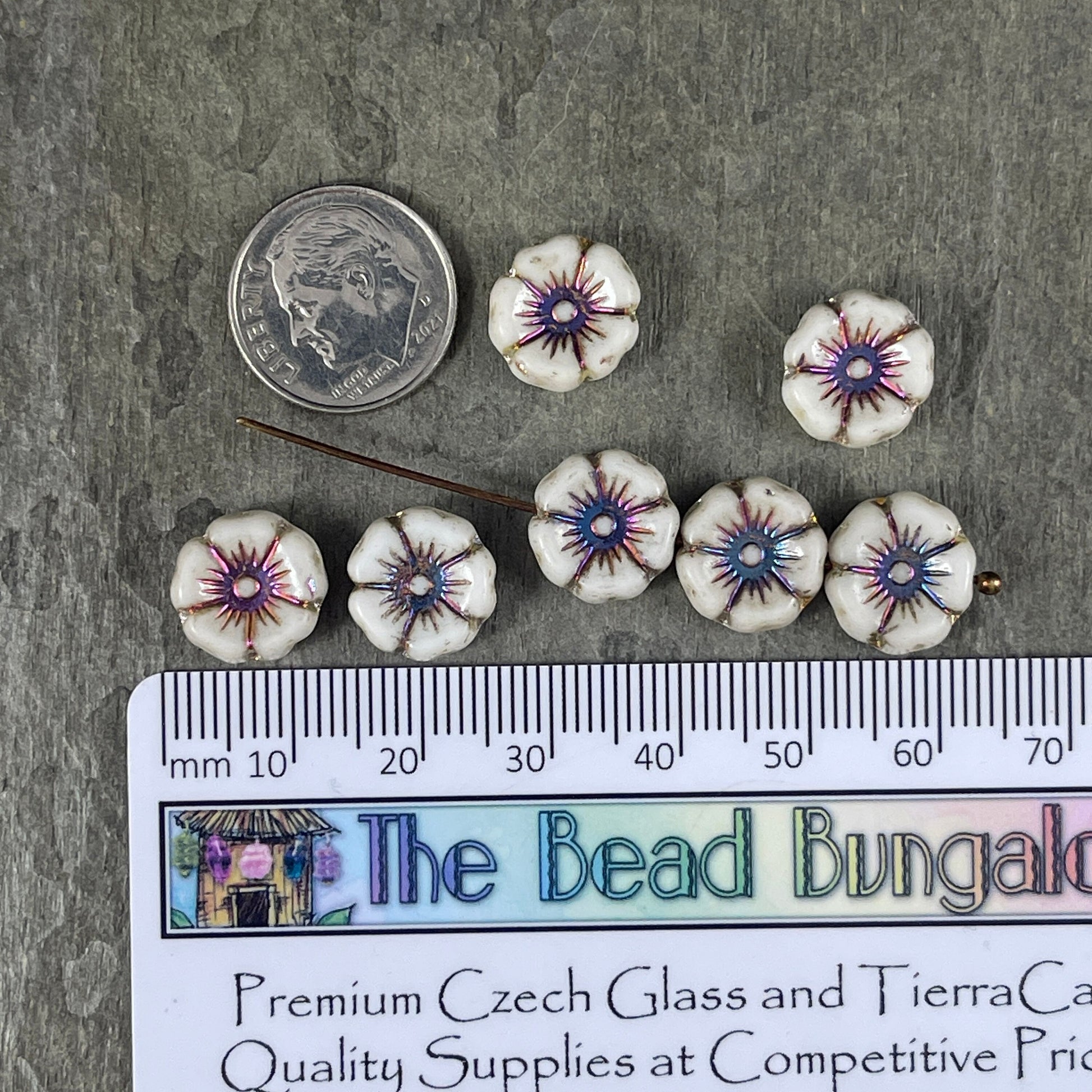 White Czech Glass 12mm Hibiscus Flower Bead with Volcano Metallic Center (FL12/N-1330) * Qty. 12