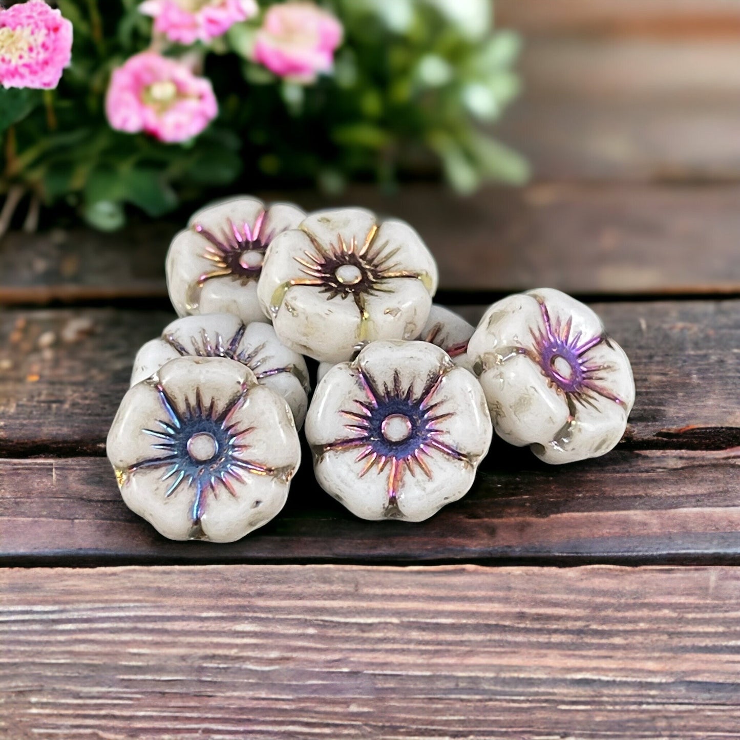 White Czech Glass 12mm Hibiscus Flower Bead with Volcano Metallic Center (FL12/N-1330) * Qty. 12