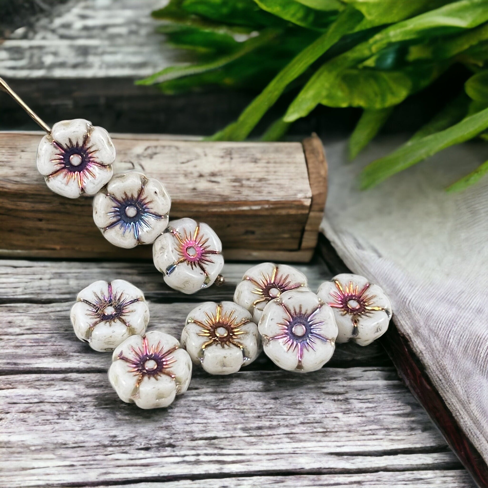 White Czech Glass 12mm Hibiscus Flower Bead with Volcano Metallic Center (FL12/N-1330) * Qty. 12