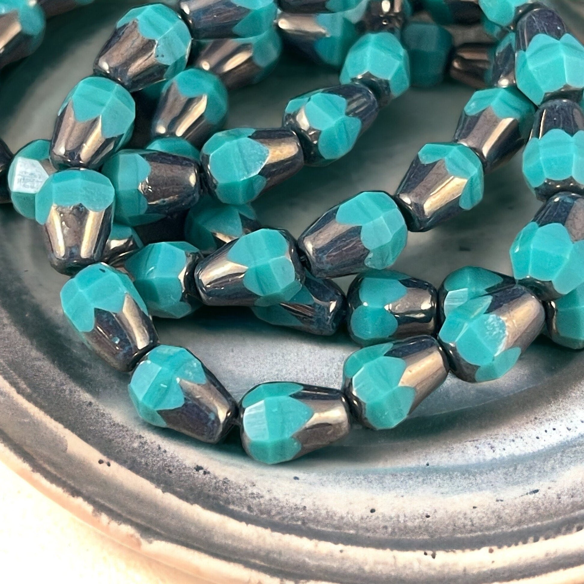Czech Glass Beads - 8mm Faceted Teardrops, Opaque Teal with Metallic Picasso (DRO/RJ-2507) * Qty. 15