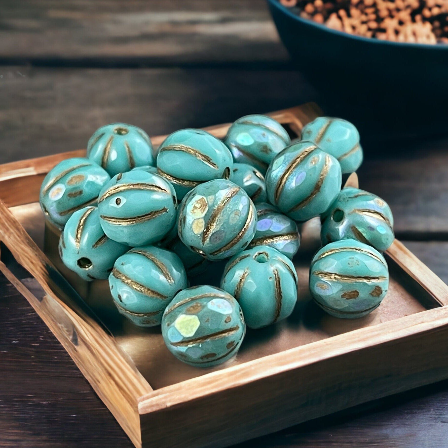 Czech Beads - 8mm Faceted Melon, Turquoise with AB and Gold Wash (8FM/N-1288) * 20 Beads