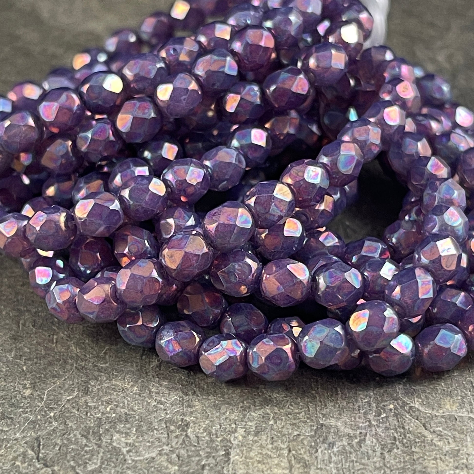 6mm Purple Glass with Mother of Pearl Finish ~ Purple Irridescent Faceted Round Czech Glass Fire Polished Beads (FP6/N-157) * Qty. 25