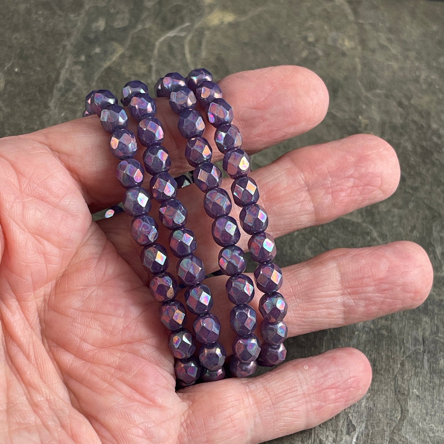 6mm Purple Glass with Mother of Pearl Finish ~ Purple Irridescent Faceted Round Czech Glass Fire Polished Beads (FP6/N-157) * Qty. 25