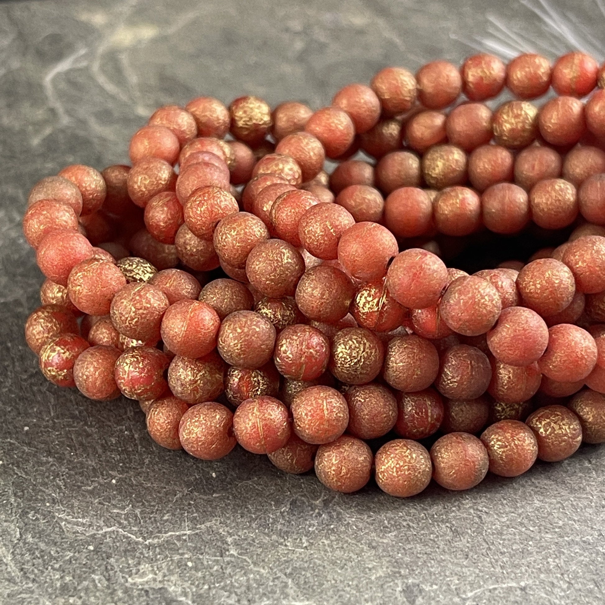 Orange Czech Glass Beads 6mm Round Glass Beads, Red Glass with Etched Finish and Gold Wash (D6/N-054) * Qty. 30