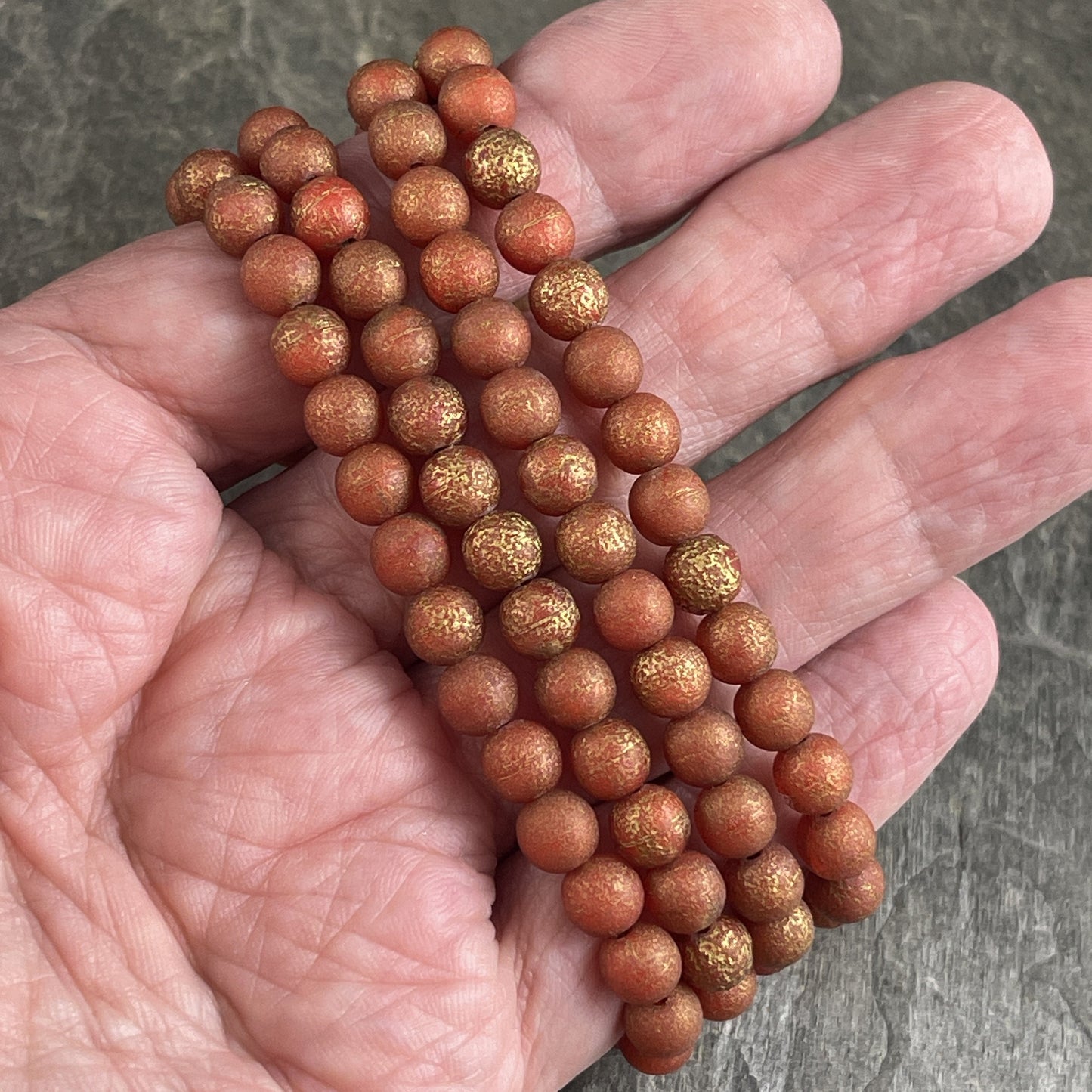 Orange Czech Glass Beads 6mm Round Glass Beads, Red Glass with Etched Finish and Gold Wash (D6/N-054) * Qty. 30