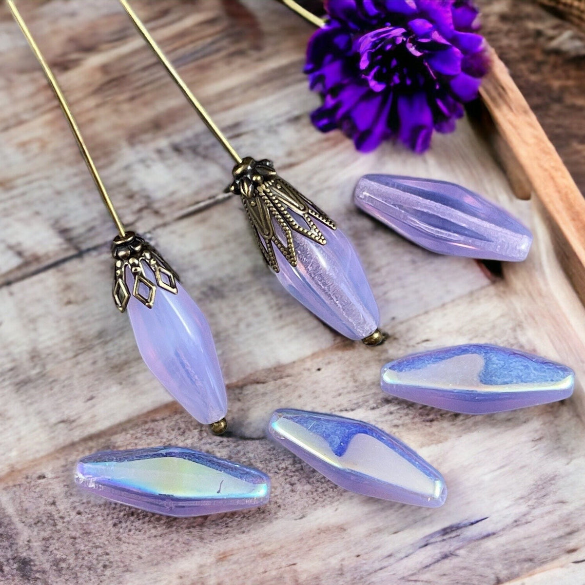 Czech Glass Beads - 20x9mm Rhombus, Light Purple with AB Finish (RHO/N-1874) * 6 Beads