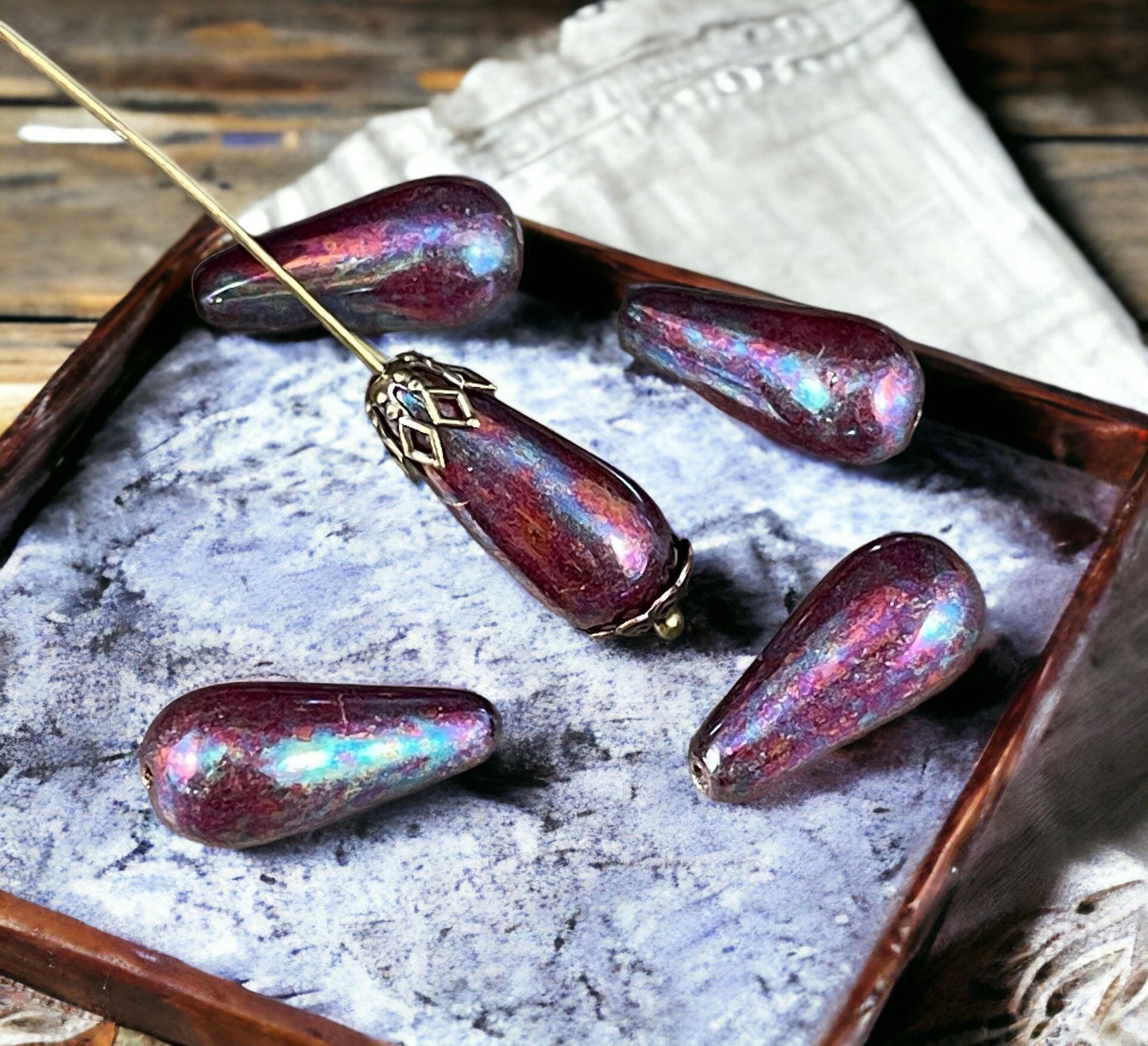 Czech Glass Beads - 20x9mm Enlongated Teardrop Beads, Mother of Pearl Finish (DRO/N-1023) * 8 Beads