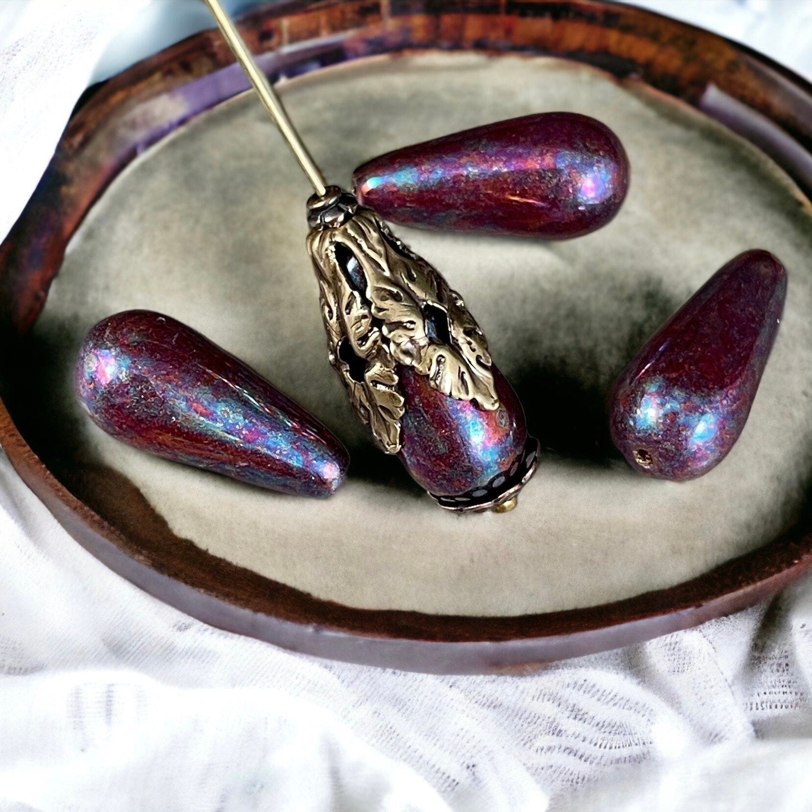 Czech Glass Beads - 20x9mm Enlongated Teardrop Beads, Mother of Pearl Finish (DRO/N-1023) * 8 Beads