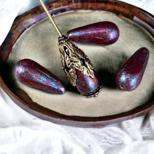 Czech Glass Beads - 20x9mm Enlongated Teardrop Beads, Mother of Pearl Finish (DRO/N-1023) * 8 Beads