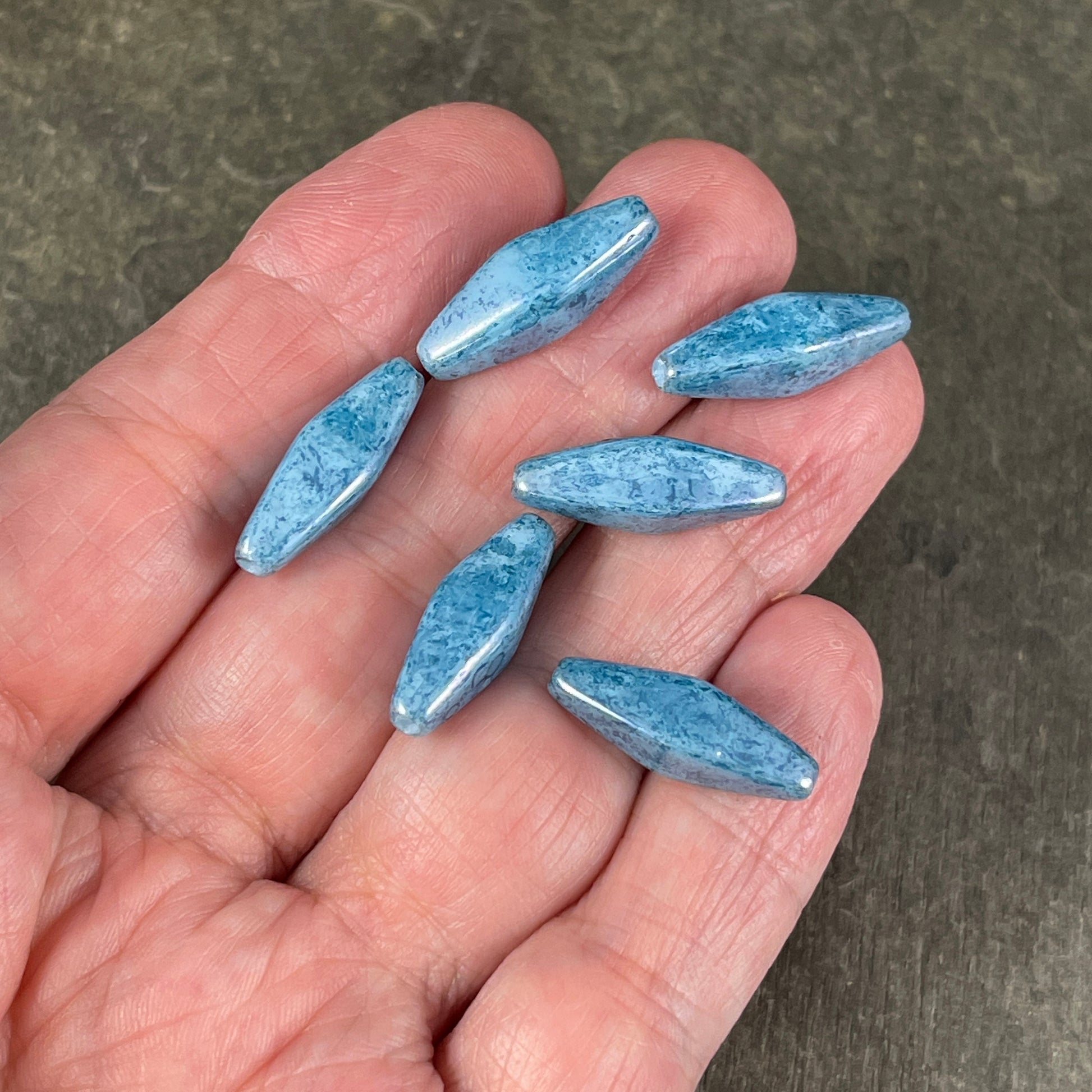 Sky Blue 20x9mm Rhombus Beads Elongated Spindle Beads Czech Glass Beads Light Blue with Marbled Blue Picasso (RHO/1795) * Qty. 6 Beads