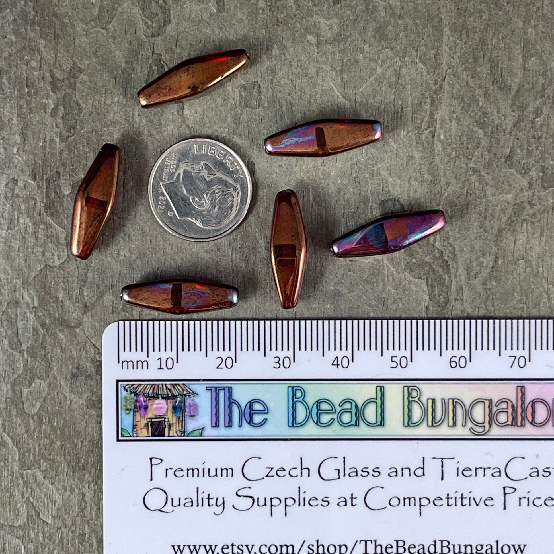 20x9mm Metallic Red Rhombus, Elongated Spindle Beads, Dark Red Glass with Purple Finish (RHO/1796) * 6 Beads