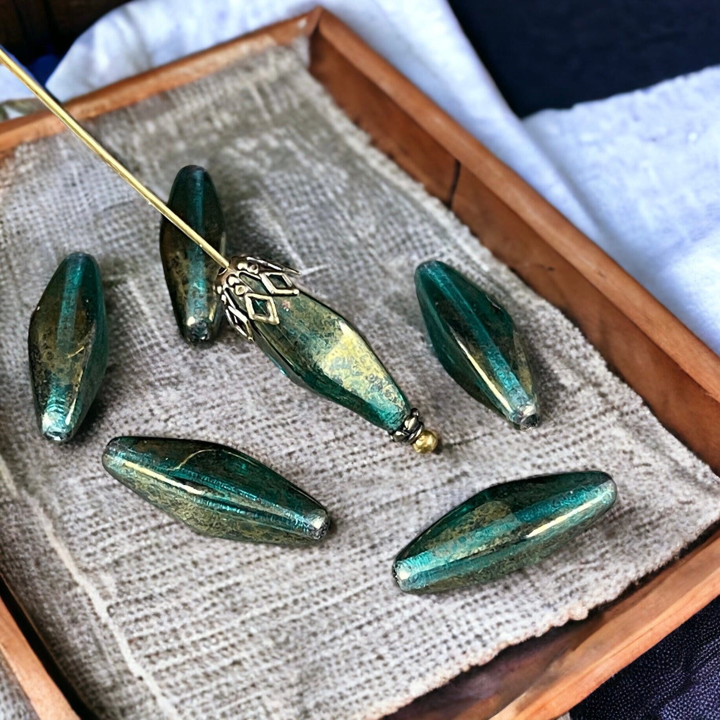 20x9mm Emerald Green Rhombus ~ Elongated Czech Glass Spindle Beads ~ Green with Golden Luster Finish (RHO/1866) * Qty. 6 Beads