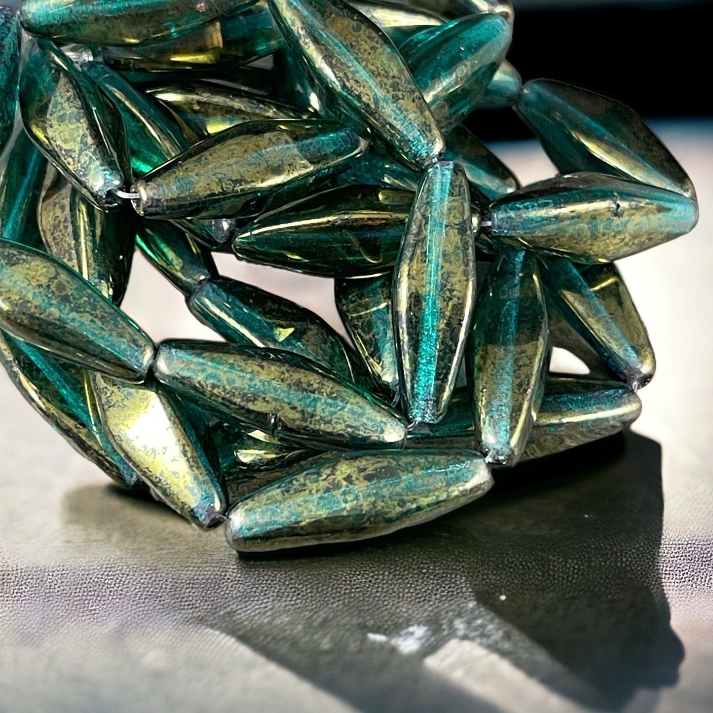 20x9mm Emerald Green Rhombus ~ Elongated Czech Glass Spindle Beads ~ Green with Golden Luster Finish (RHO/1866) * Qty. 6 Beads