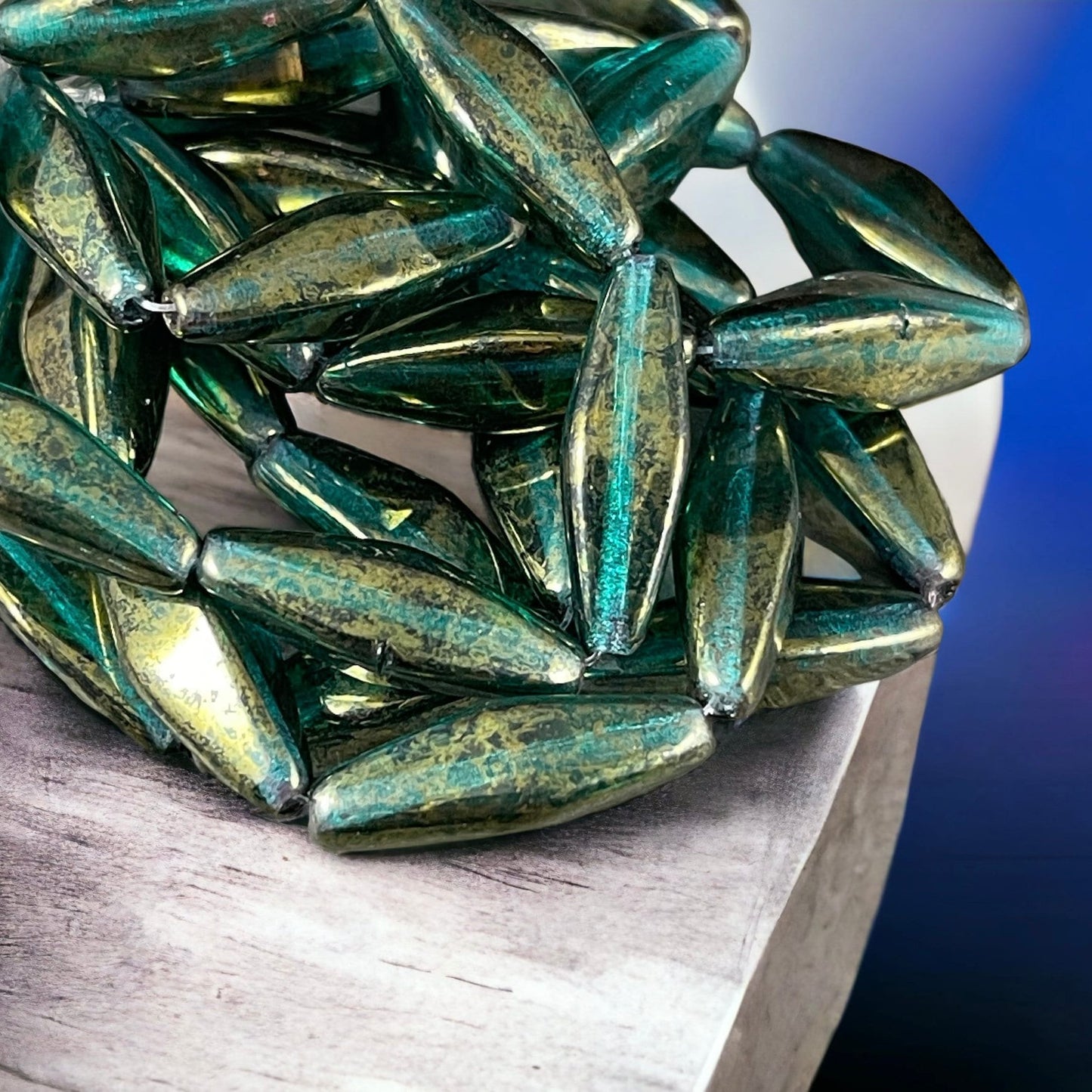 Czech Glass Beads - 20x9mm Rhombus, Emerald Green with Golden Luster Finish (RHO/N-1866) * 6 Beads