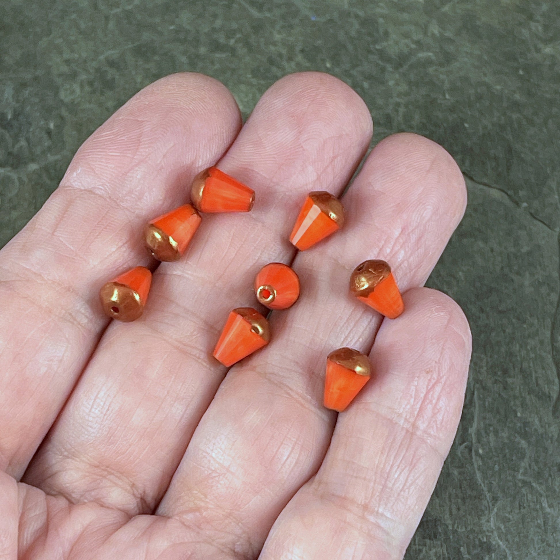 Czech Glass Beads - 8mm Beveled Orange Teardrop Beads ~ Bright Orange Silk Teardrop with Copper Picasso (DRO/RJ-2078) * Qty. 15