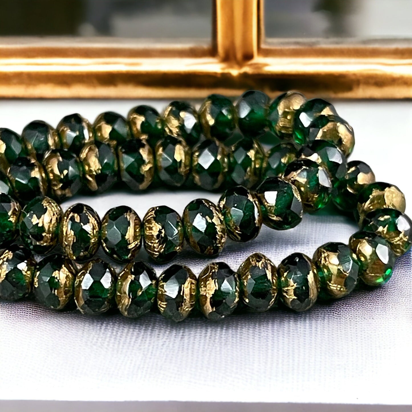 5x3mm Emerald Green Czech Glass Faceted Rondelle Beads ~ Emerald Green Glass with Bronze Picasso, Small Green Beads (R5/N-0416) * Qty. 50