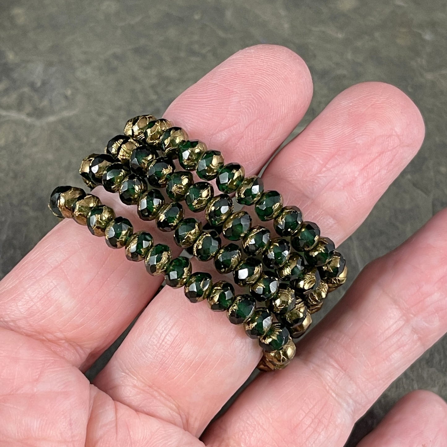 5x3mm Emerald Green Czech Glass Faceted Rondelle Beads ~ Emerald Green Glass with Bronze Picasso, Small Green Beads (R5/N-0416) * Qty. 50