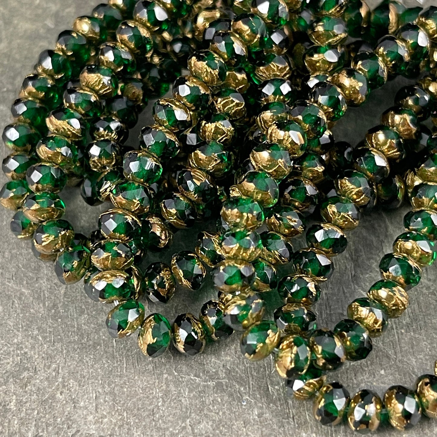 5x3mm Emerald Green Czech Glass Faceted Rondelle Beads ~ Emerald Green Glass with Bronze Picasso, Small Green Beads (R5/N-0416) * Qty. 50