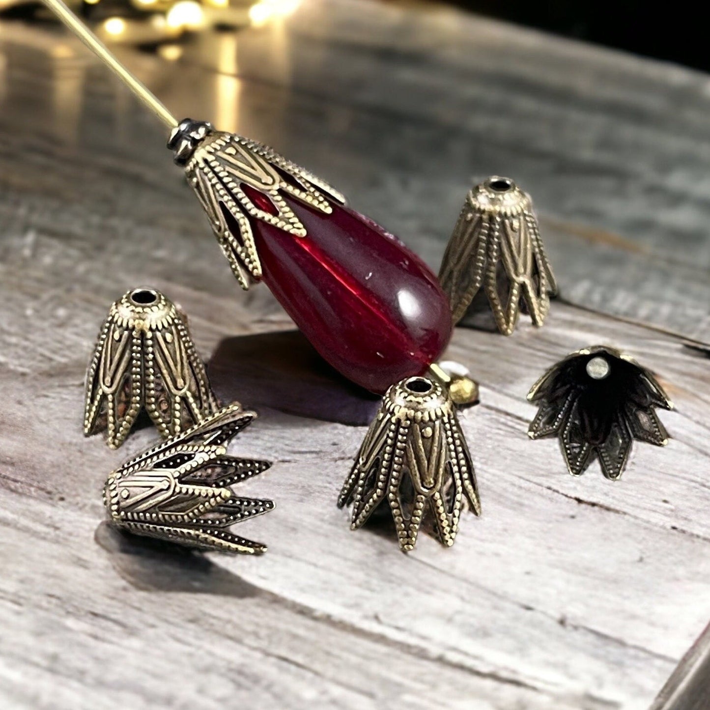 9x8mm Antiqued Brass Fancy Star Bead Caps ~ Tapered Cone Shaped Bead Caps (BC-9254) * Qty. 10