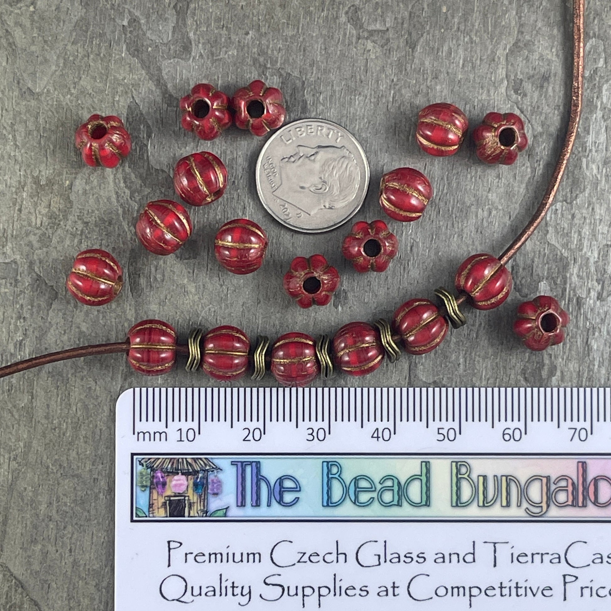 8mm Large Hole Melon Beads Opaque Red with Bronze Wash Lady Bug and Ruby Red Round Glass Beads Czech Glass Beads (BH8/N-139) * Qty 10