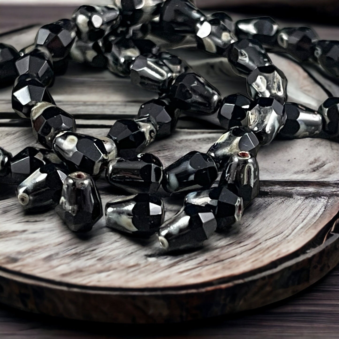 Czech Glass Beads - 8mm Black Picasso Faceted Drops, Jet Black Teardrop with Picasso (DRO/RJ-2364) * Qty. 15