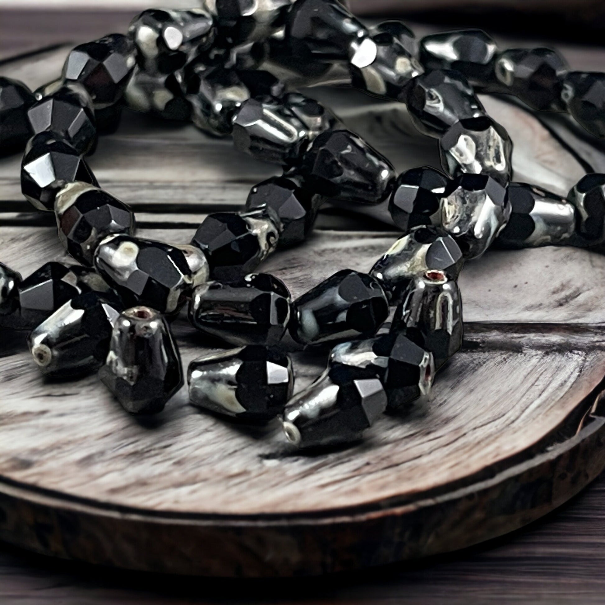 Czech Glass Beads - 8mm Black Picasso Faceted Drops, Jet Black Teardrop with Picasso (DRO/RJ-2364) * Qty. 15