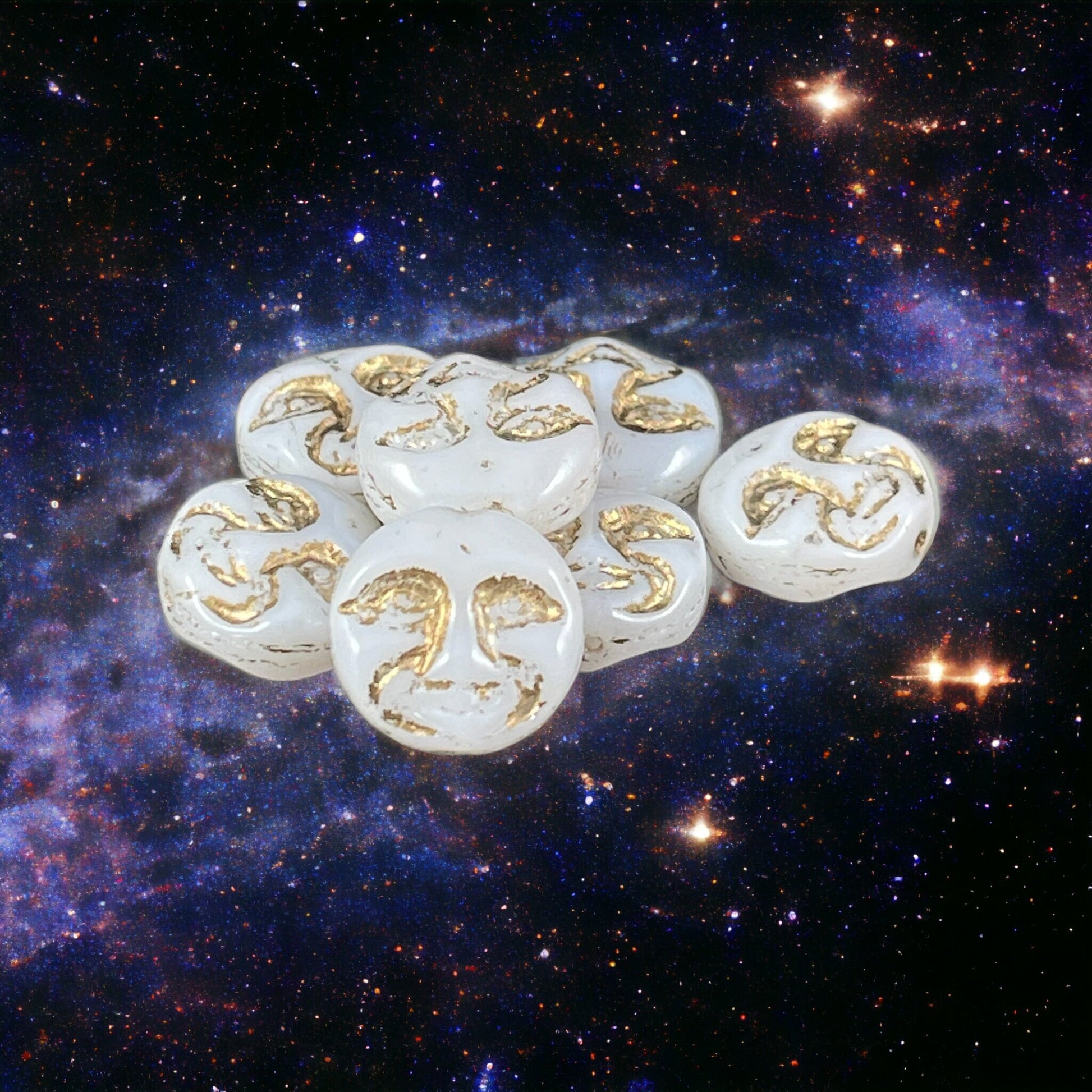 Czech Glass Moon Face Beads, Opaque White with Gold Wash (MOON/RJ-4739) * Qty. 6