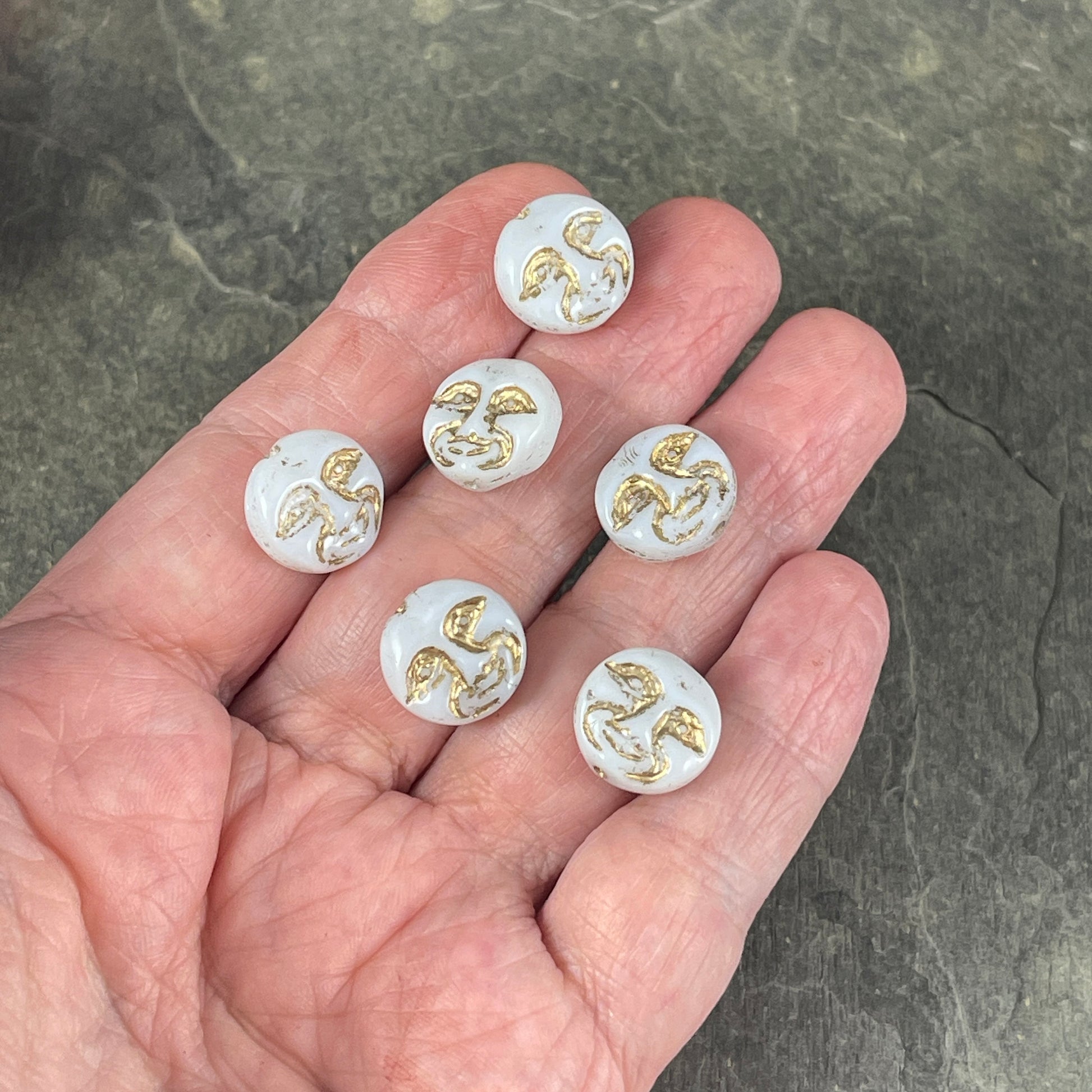 Czech Glass Moon Face Beads, Opaque White with Gold Wash (MOON/RJ-4739) * Qty. 6