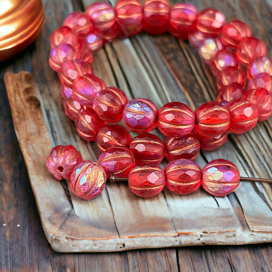 Czech Beads - 8mm Faceted Melon Matte Siam Red with AB Finish and Copper Wash (FM8-1774) * 20 Beads