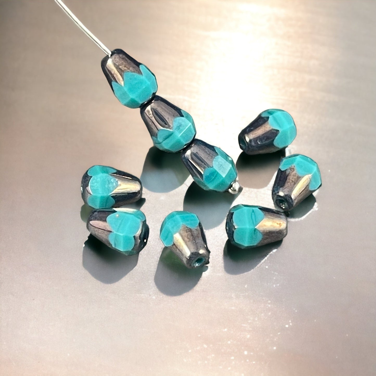 Czech Glass Beads - 8mm Faceted Teardrops, Opaque Teal with Metallic Picasso (DRO/RJ-2507) * Qty. 15