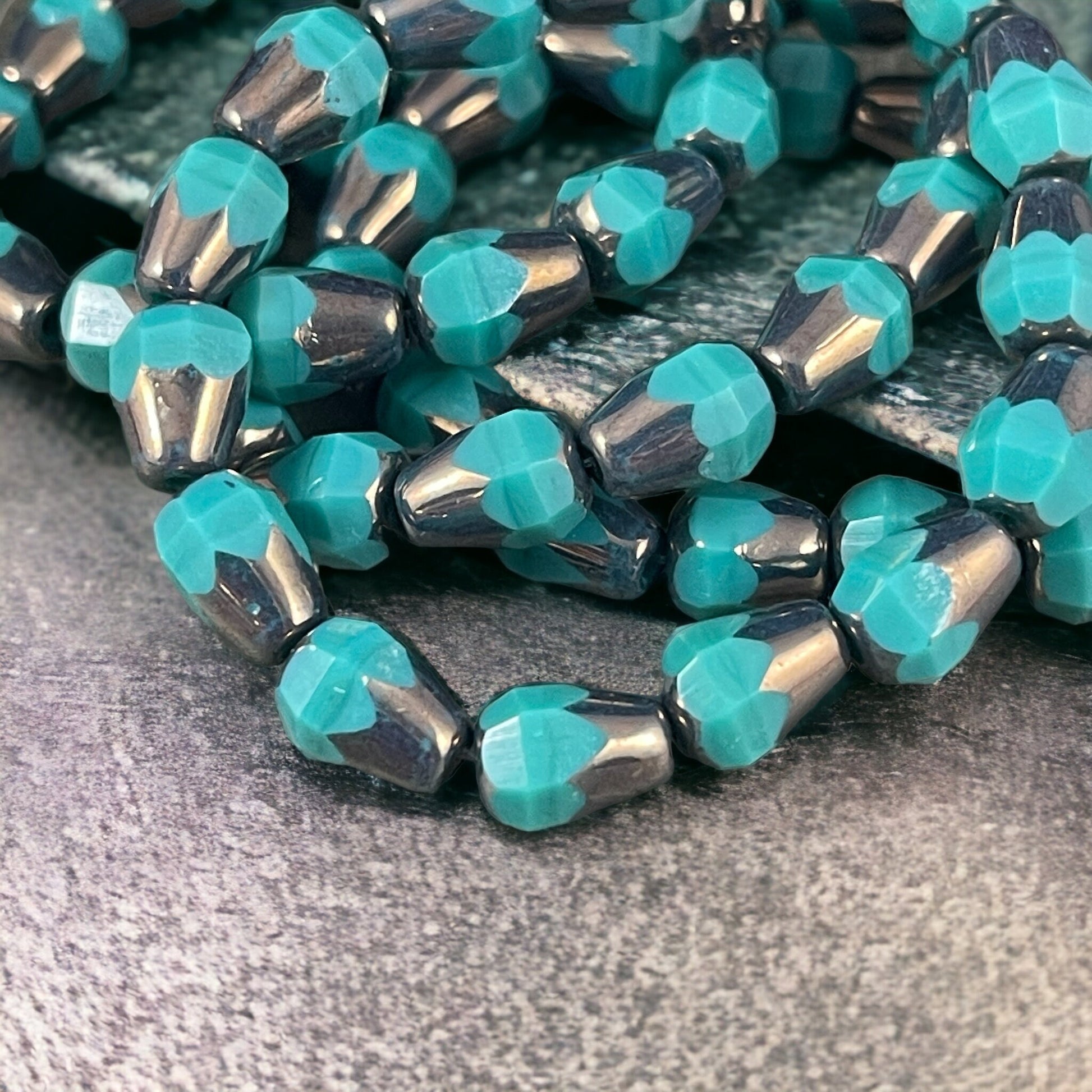 Czech Glass Beads - 8mm Faceted Teardrops, Opaque Teal with Metallic Picasso (DRO/RJ-2507) * Qty. 15