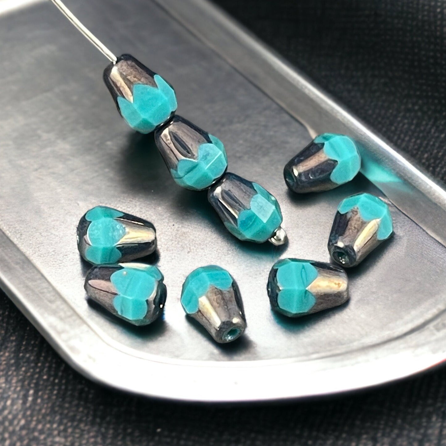 Czech Glass Beads - 8mm Faceted Teardrops, Opaque Teal with Metallic Picasso (DRO/RJ-2507) * Qty. 15