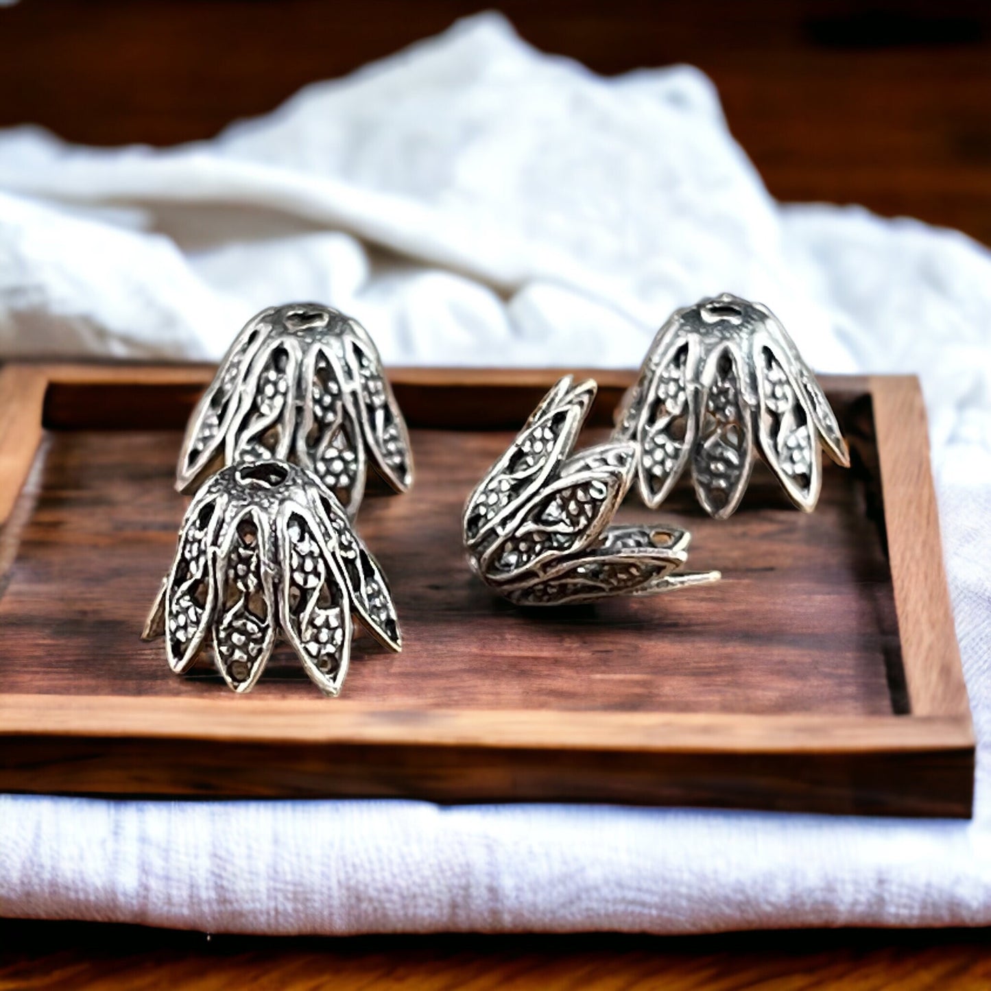 8mm Antiqued Silver Filigree Cone Shape Bead Caps ~ Oxidized Silver Plated Brass Tapered Bead Caps (VJS-W299) * Qty. 4