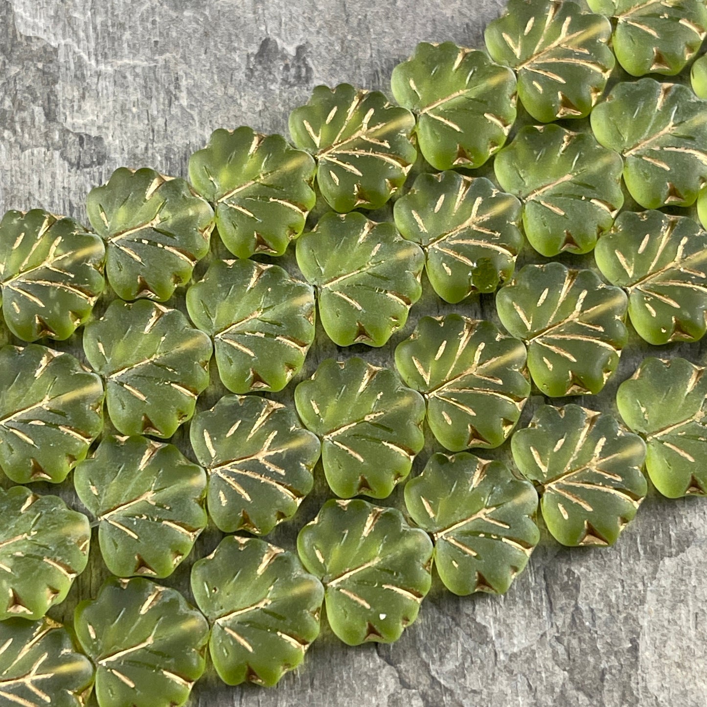 Czech Glass - 10x13mm Maple Leaf Beads, Olive Green with Gold Wash (ML30) * Qty. 12