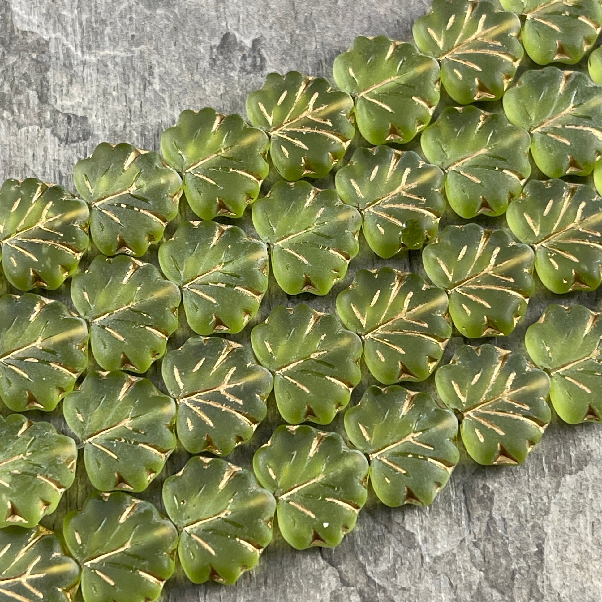Czech Glass - 10x13mm Maple Leaf Beads, Olive Green with Gold Wash (ML30) * Qty. 12