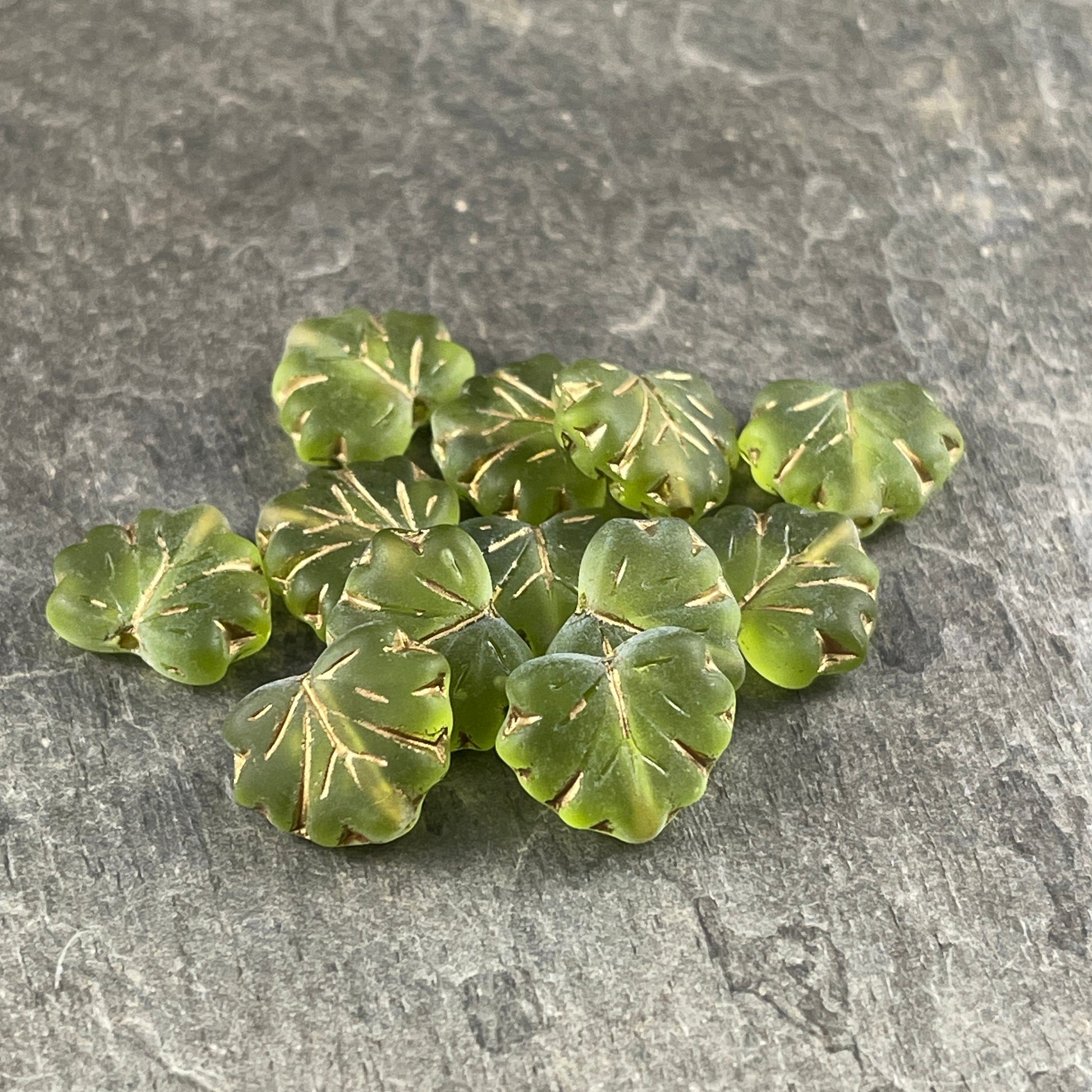 Czech Glass - 10x13mm Maple Leaf Beads, Olive Green with Gold Wash (ML30) * Qty. 12