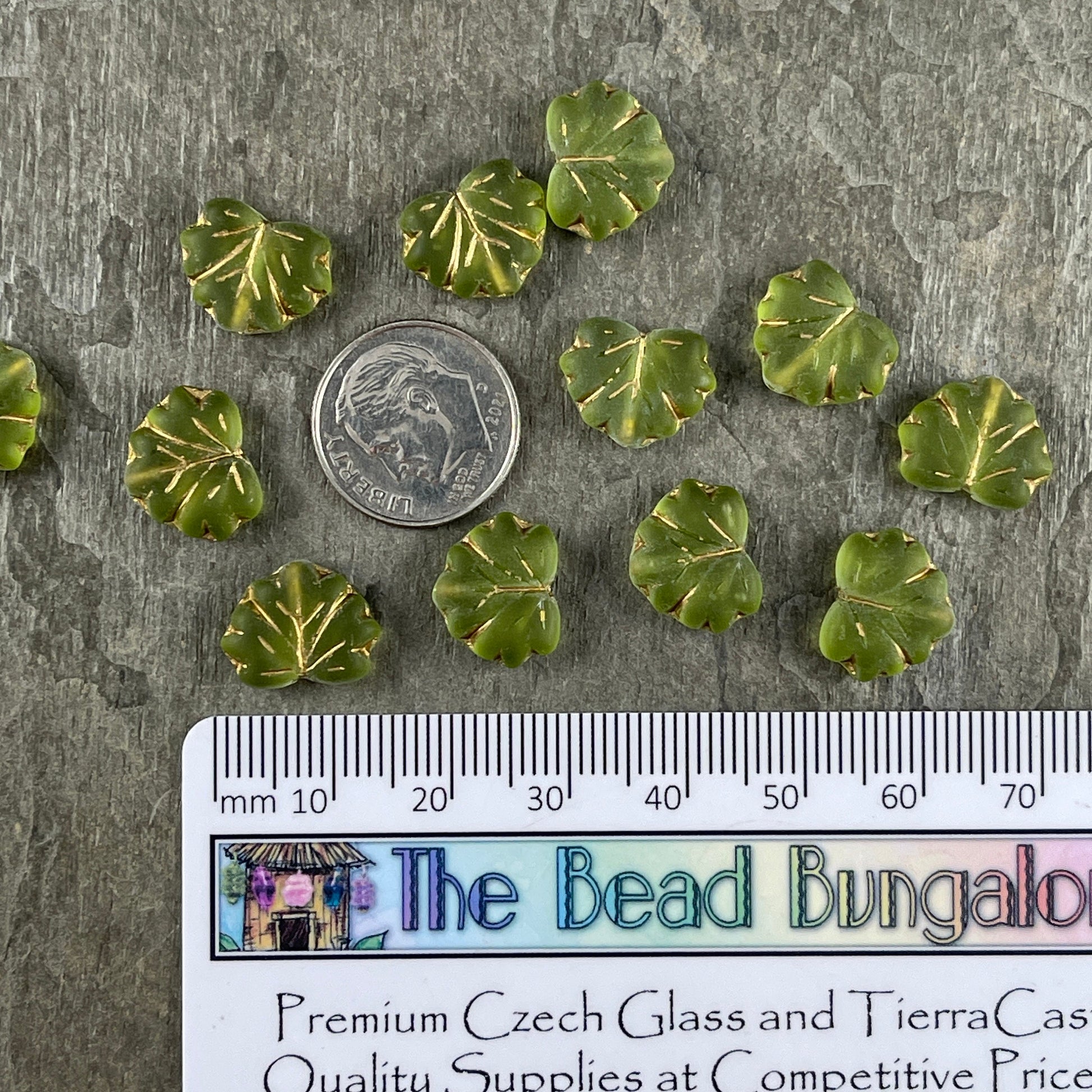 Czech Glass - 10x13mm Maple Leaf Beads, Olive Green with Gold Wash (ML30) * Qty. 12