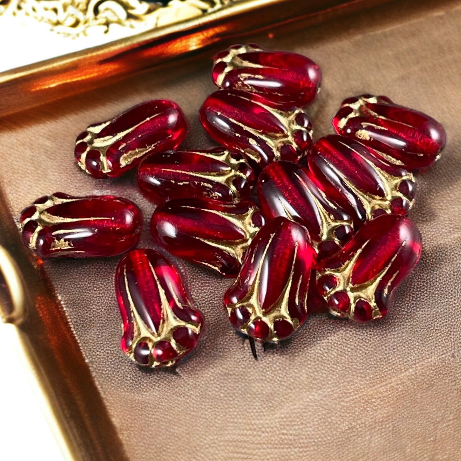 Czech Glass Beads - 12x8mm Lily Bud, Transparent Red with Gold Finish (LBud28) * Qty. 12
