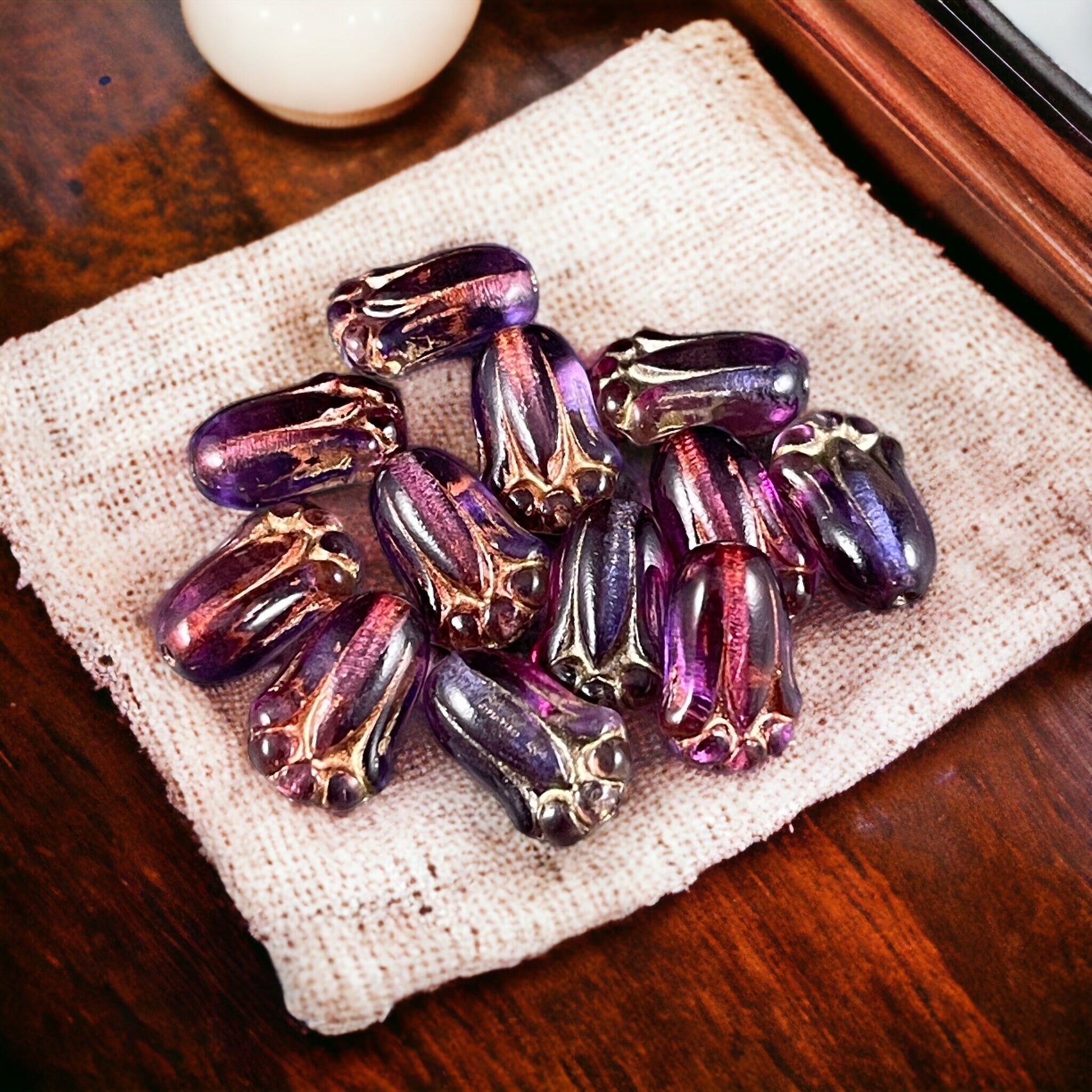 Transparent Purple and Fuchsia Czech Glass Flower ~ 12x8mm Lily Bud Flower ~ Purple & Pink Flower Bead (LBud23) * Qty. 12