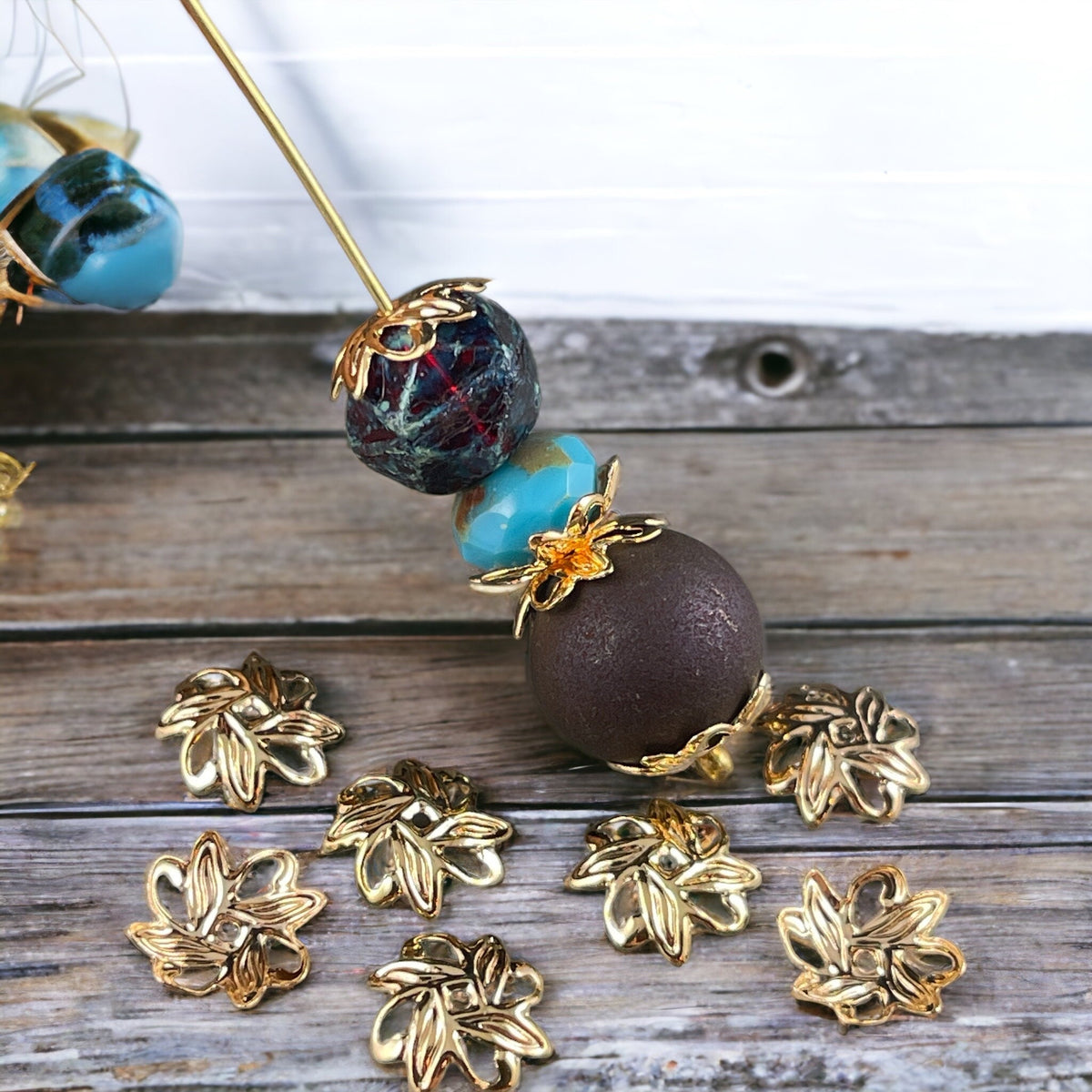 10mm Gold Leaf Design Bead Caps, Gold Plated Brass Bead Caps with a Floral Theme (BC-5578) * Qty. 50