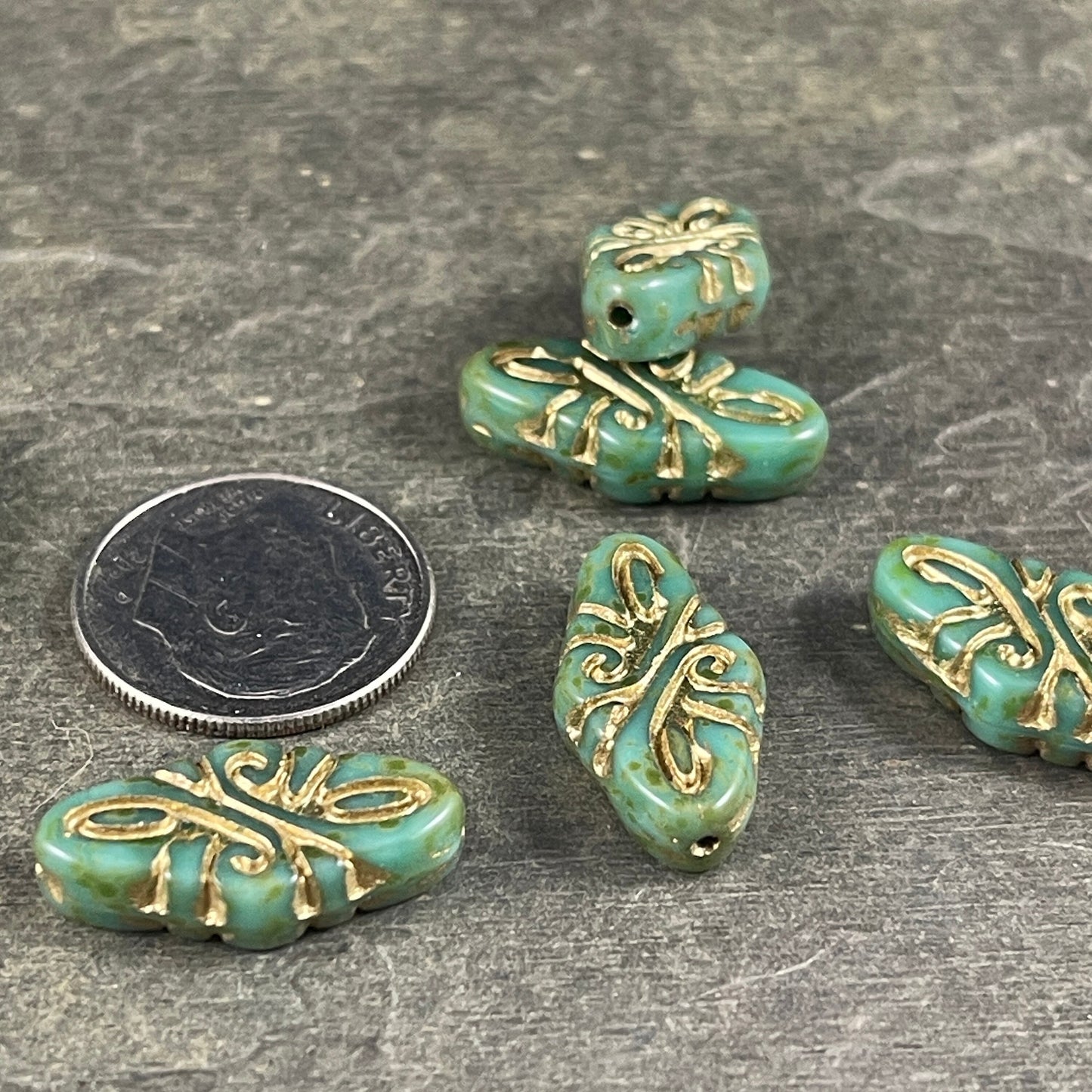 19x9mm Arabesque Embellished Oval Czech Glass Beads ~ Turquoise Green with Picasso and Gold Wash Oval Glass Beads (OCB/ARAB37) * Qty. 6